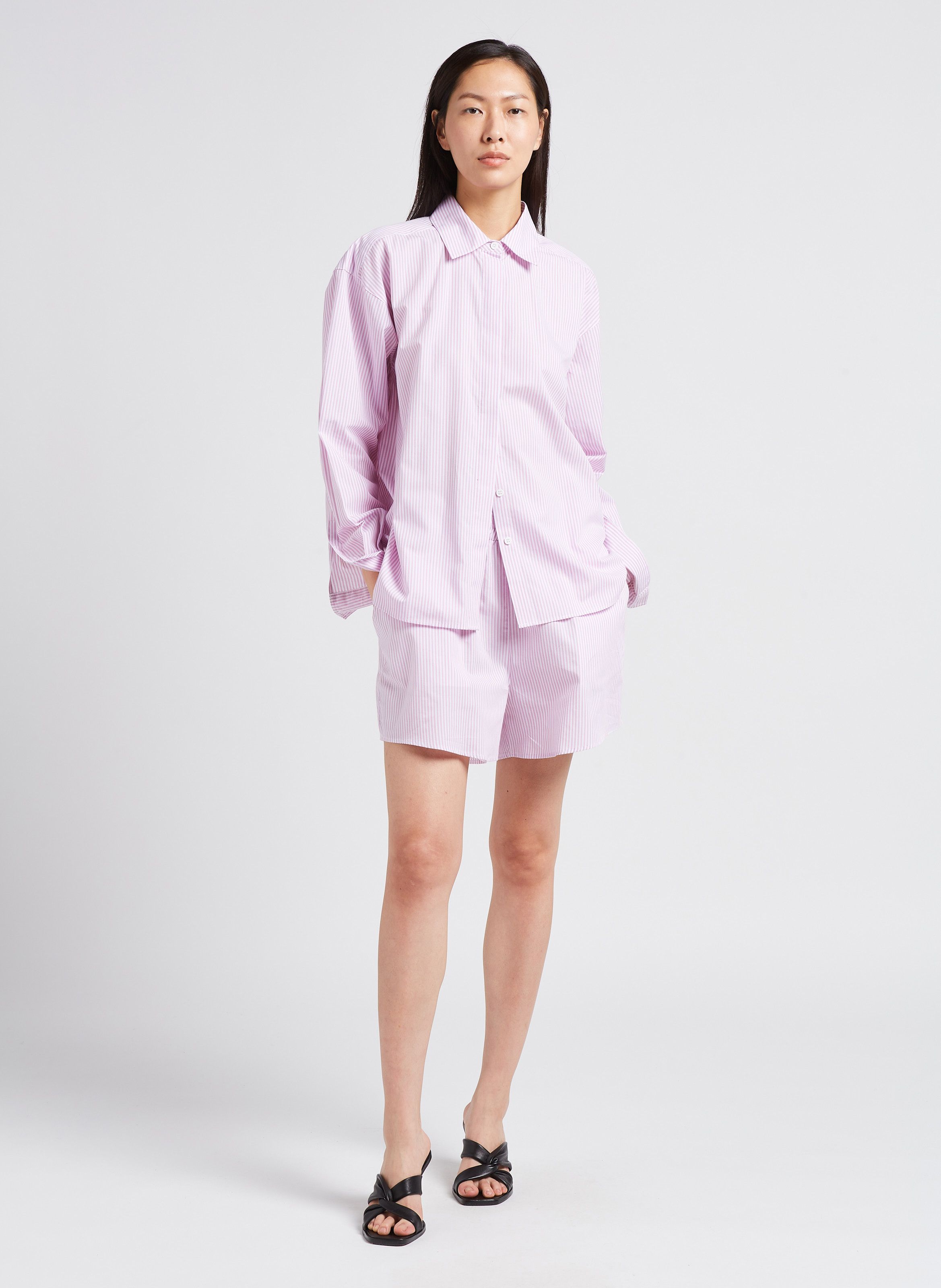 Purple Striped wide-leg printed cotton shorts