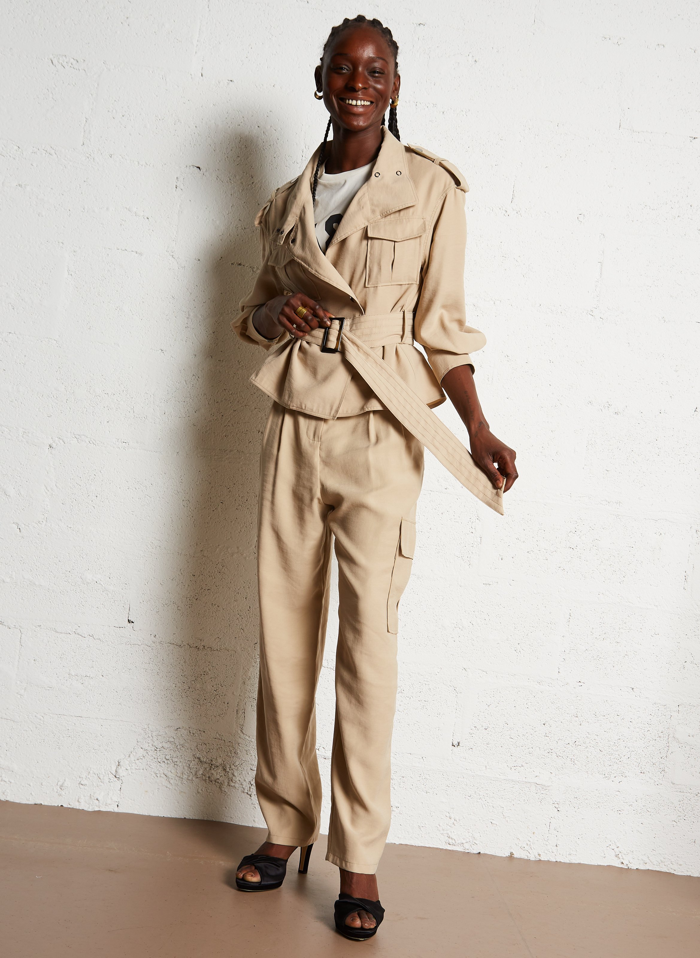 High-heeled sandals in blended cotton - Look 1