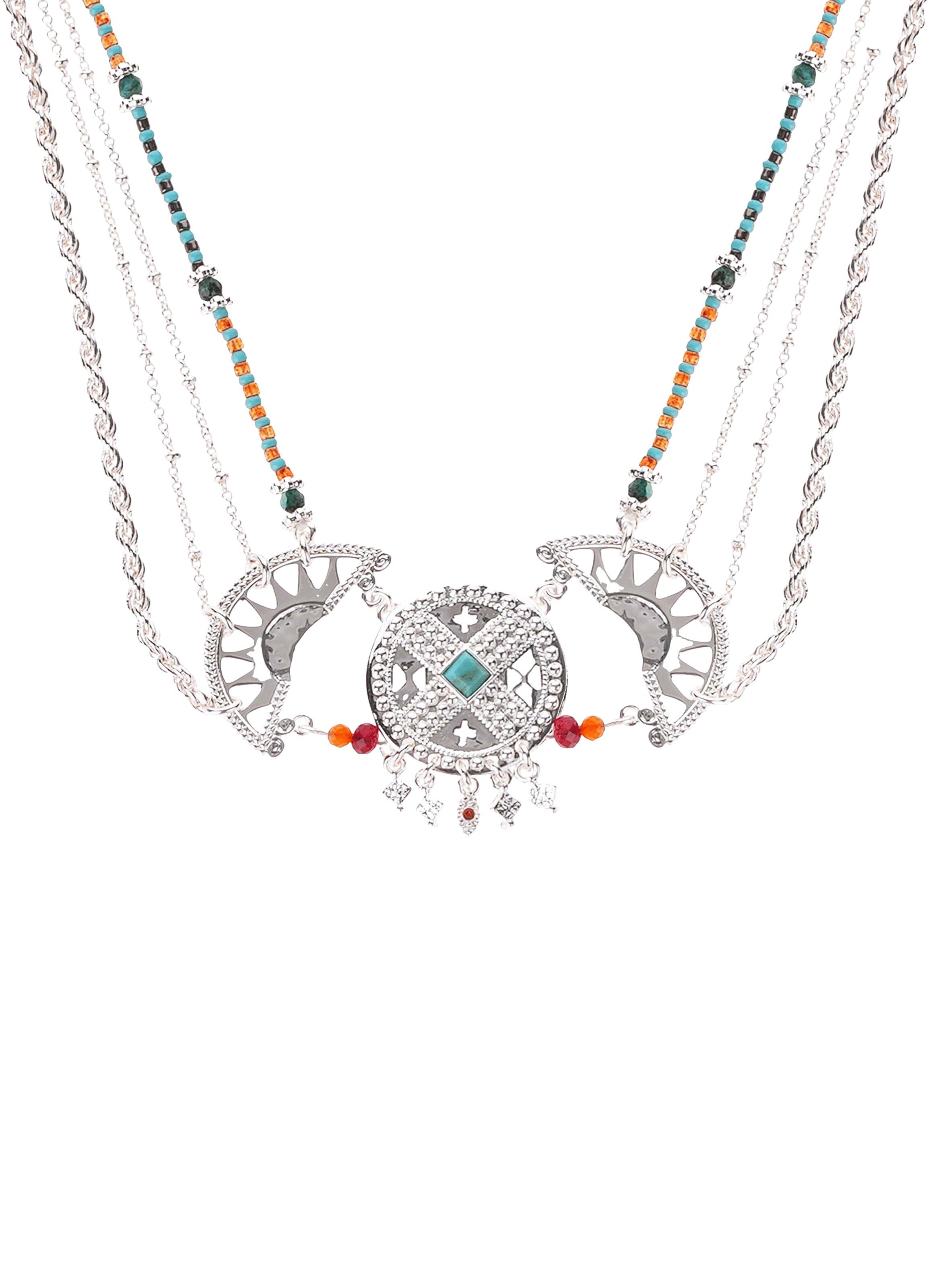 Multistrand chain necklace with central pendant and beads HIPANEMA Silver