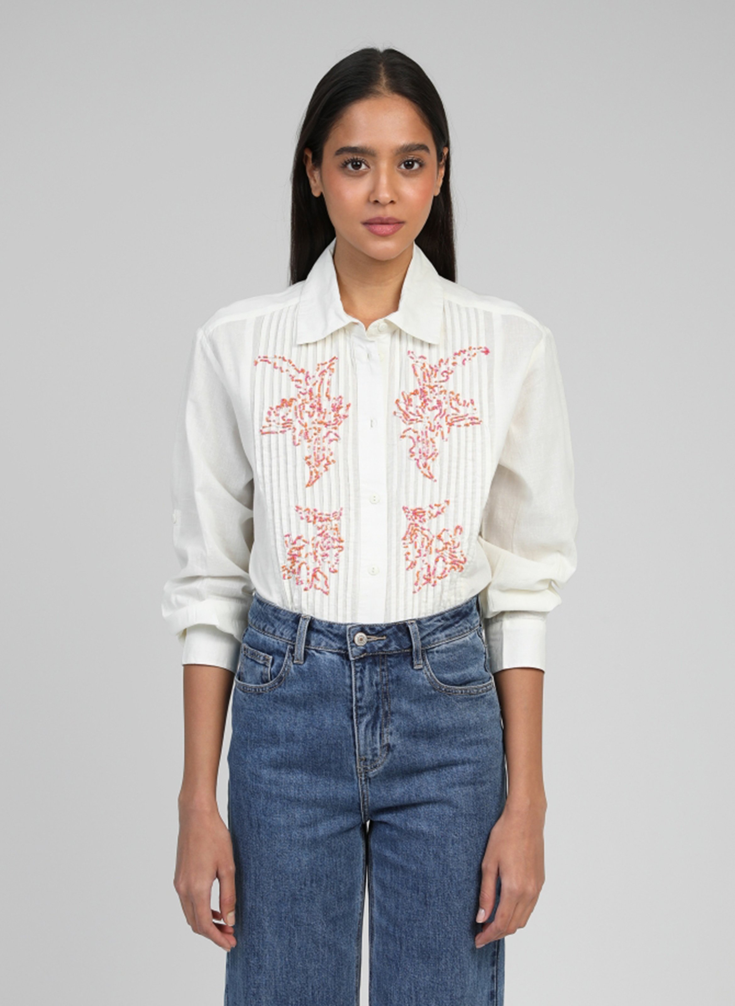 Chemise col classique manches contrastantes en coton AN'GE Beige