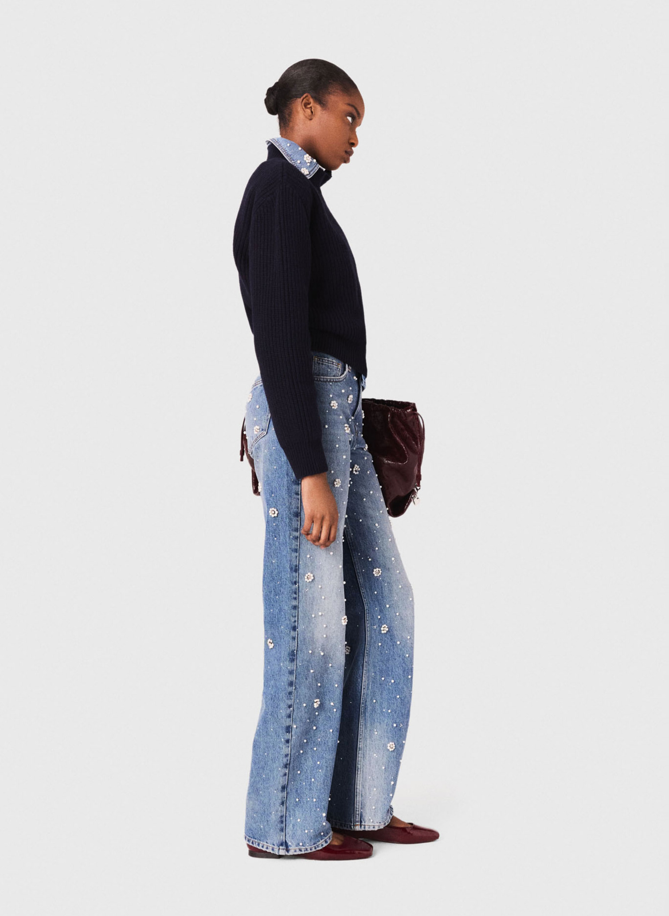 Rechte jeans met hoge taille en bloemenborduursels MAJE Blauw