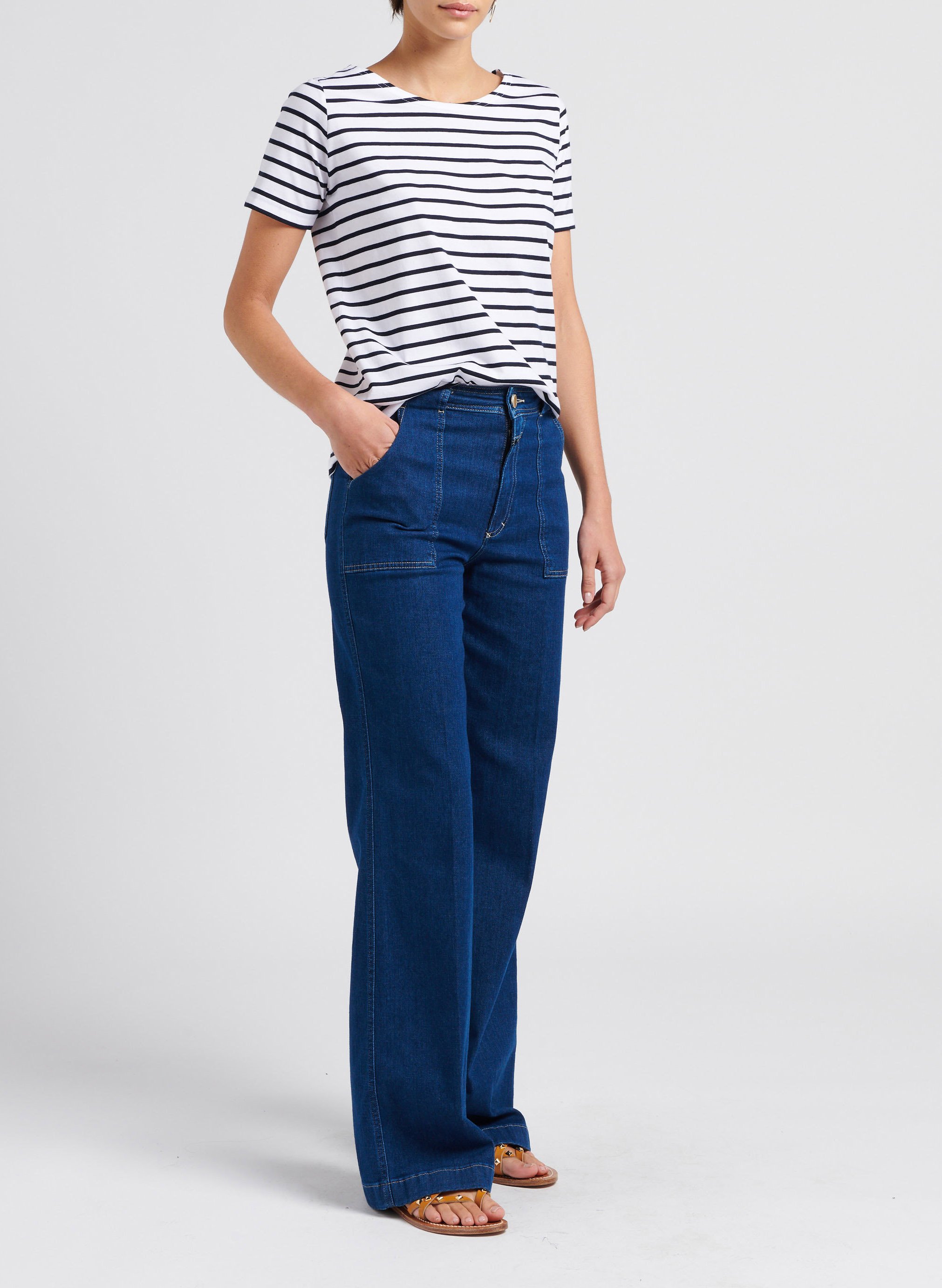 Gestreiftes T-Shirt aus leichter Baumwolle mit U-Boot-Ausschnitt ARMOR LUX Weiss