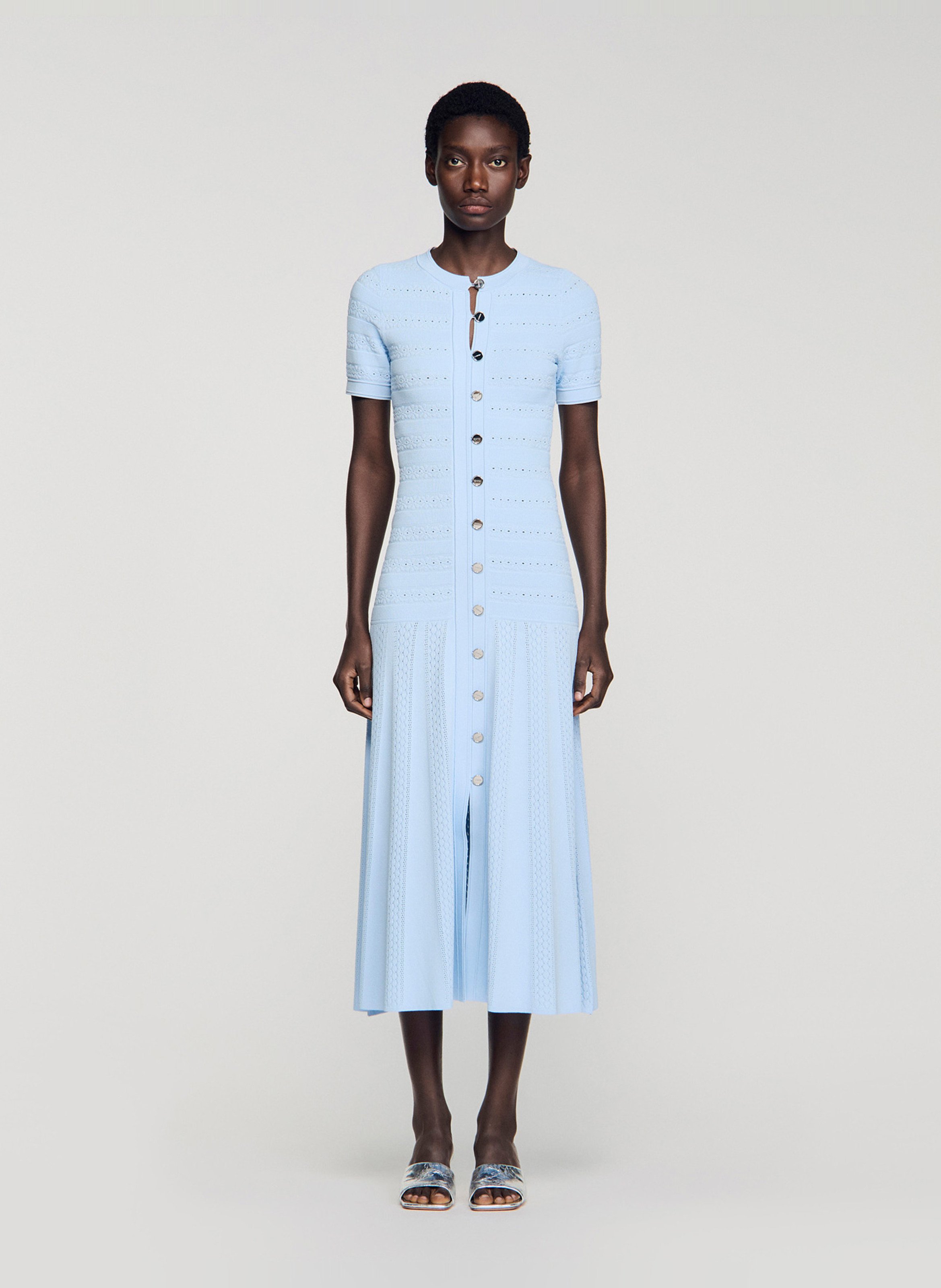 Robe longue évasée col rond SANDRO Bleu