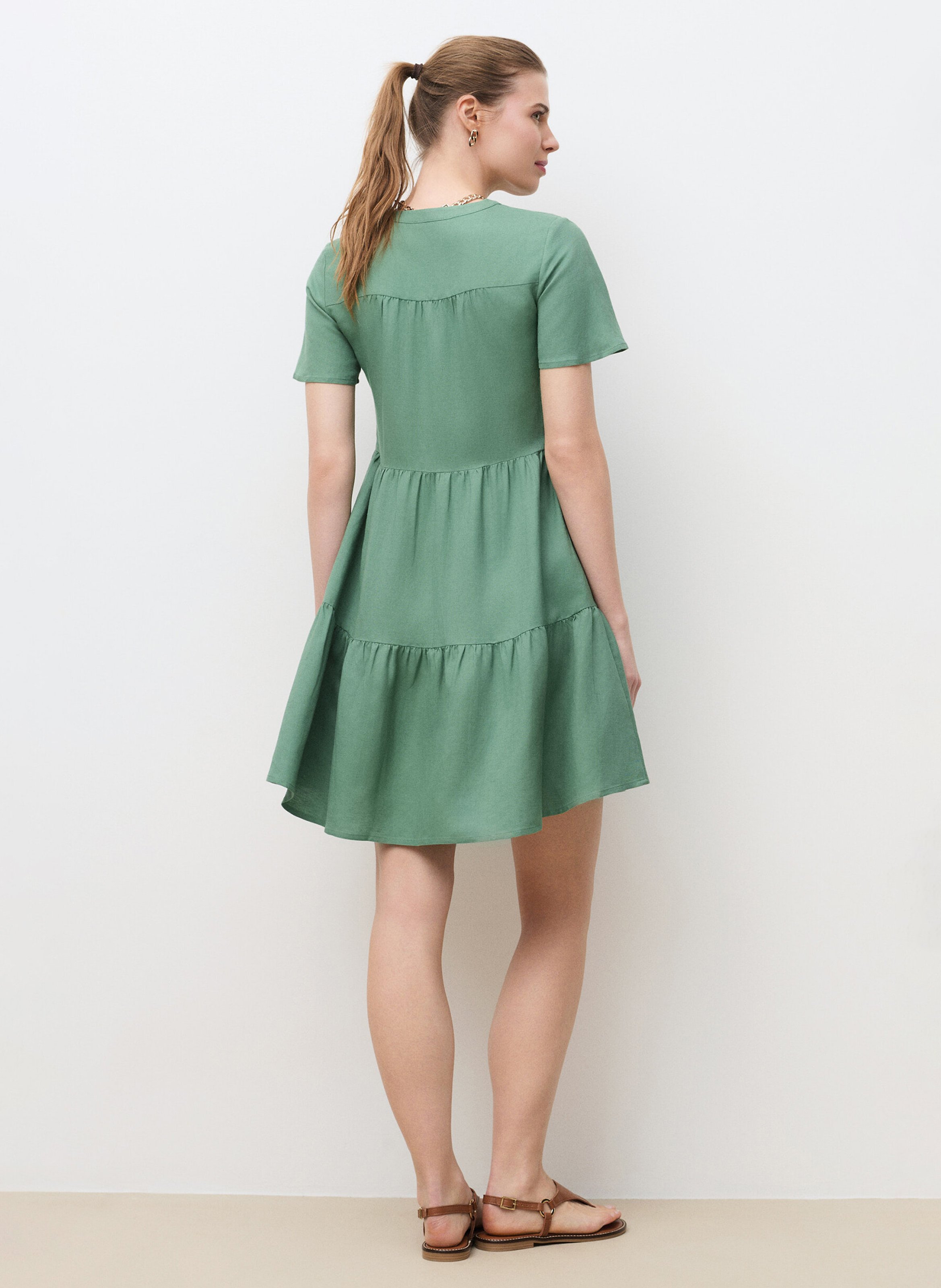 Robe courte col V en lin mélangé CAROLL Vert