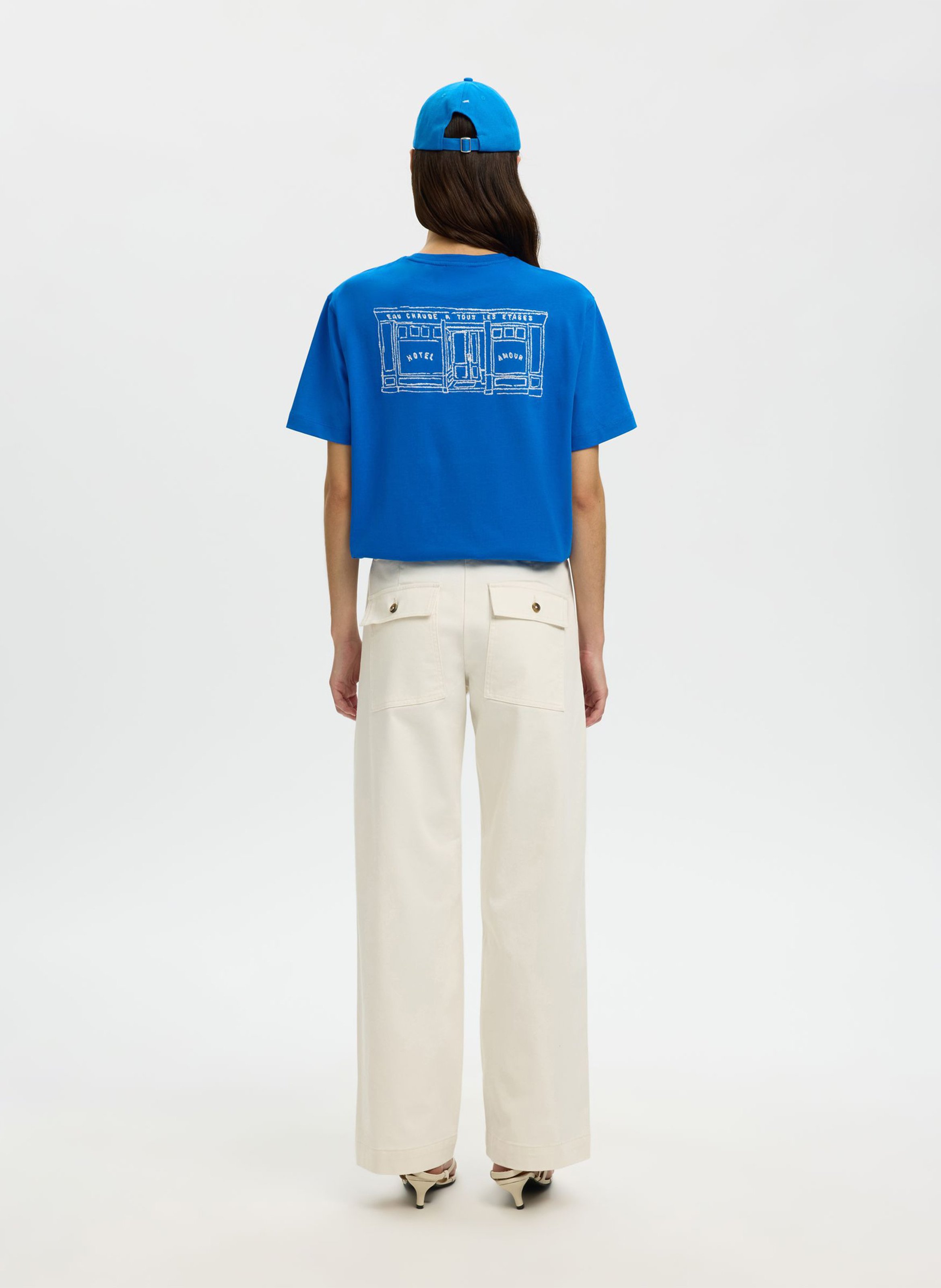 Round-neck organic cotton T-shirt SELECTED Blue