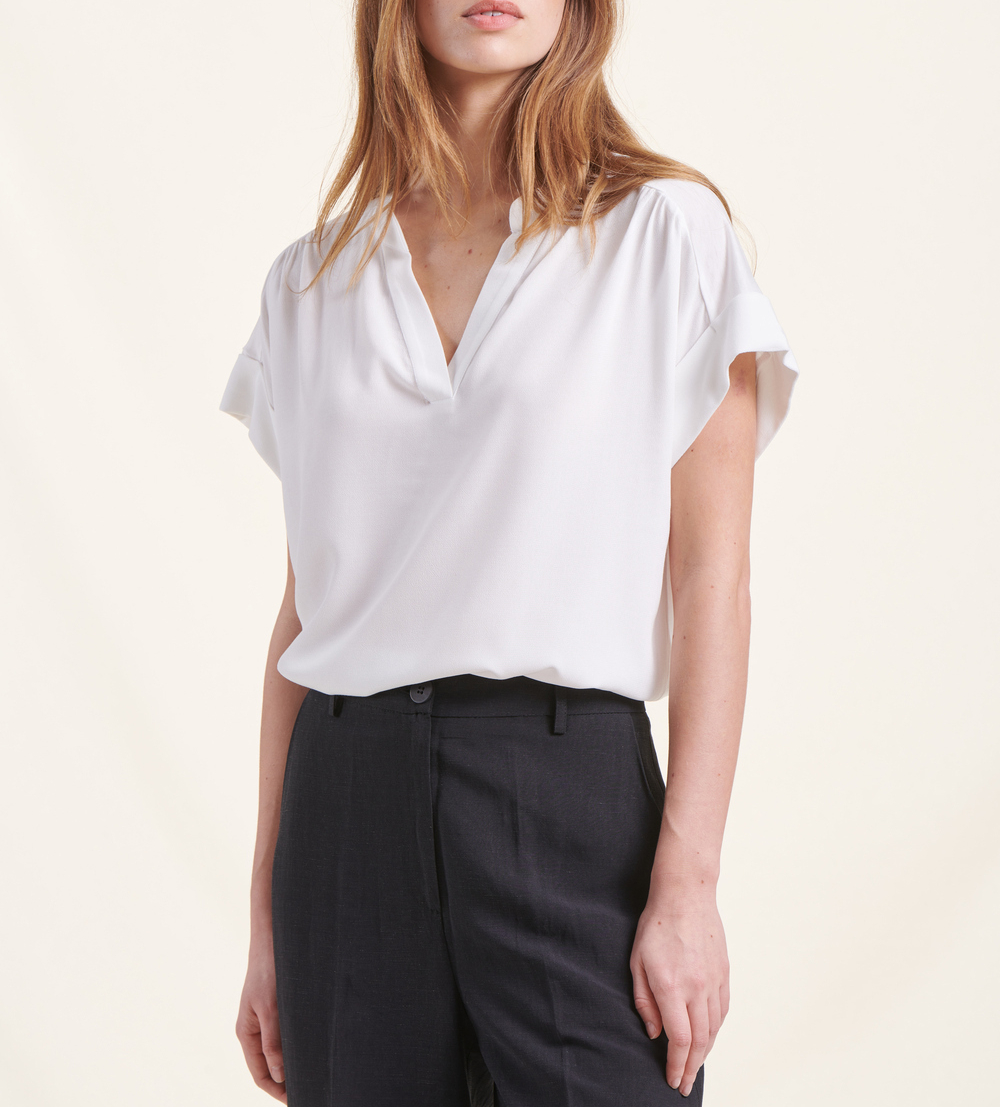 Tee-shirt ample col V bi-matières LA FEE MARABOUTEE Blanc