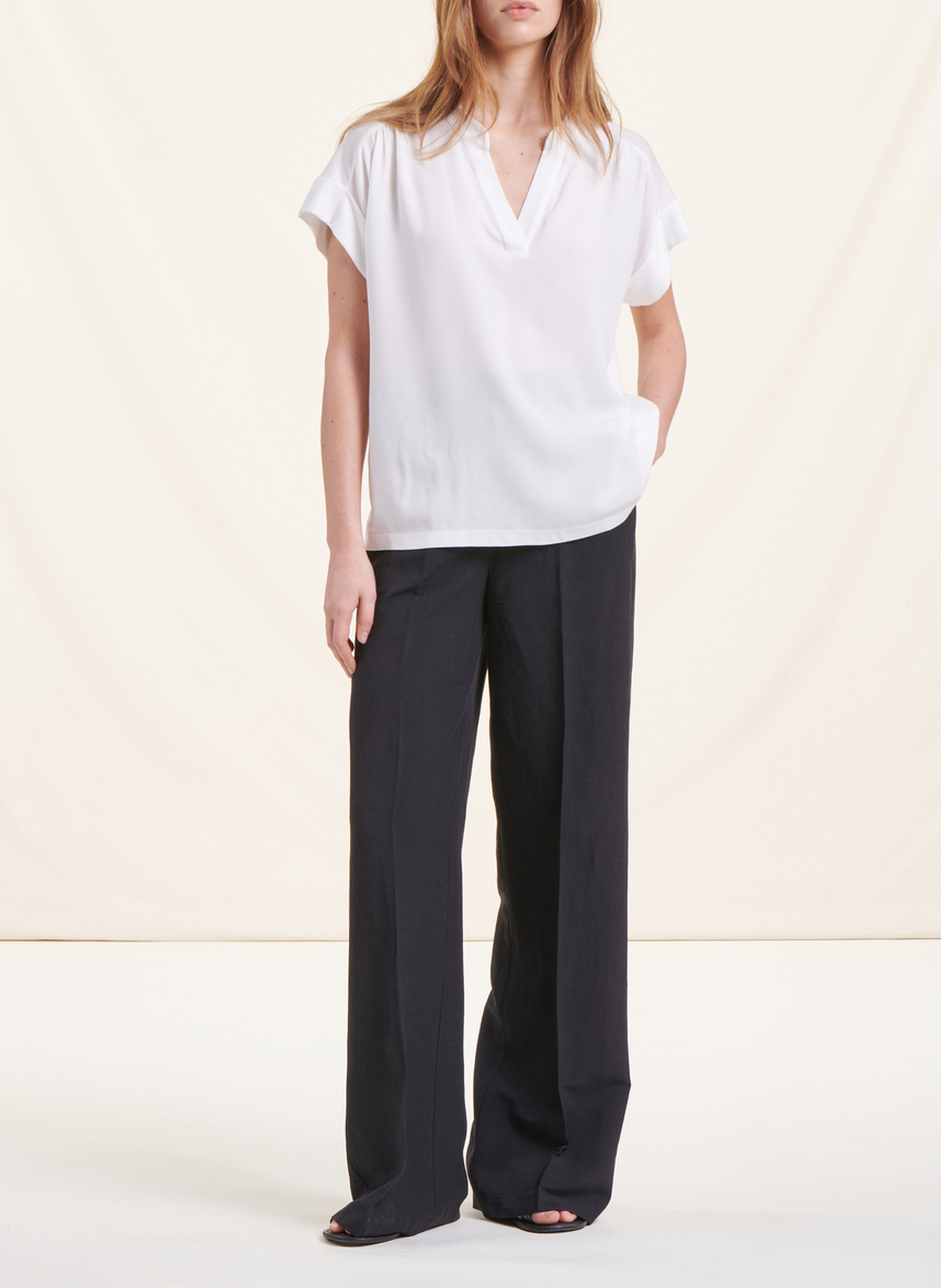 Tee-shirt ample col V bi-matières LA FEE MARABOUTEE Blanc