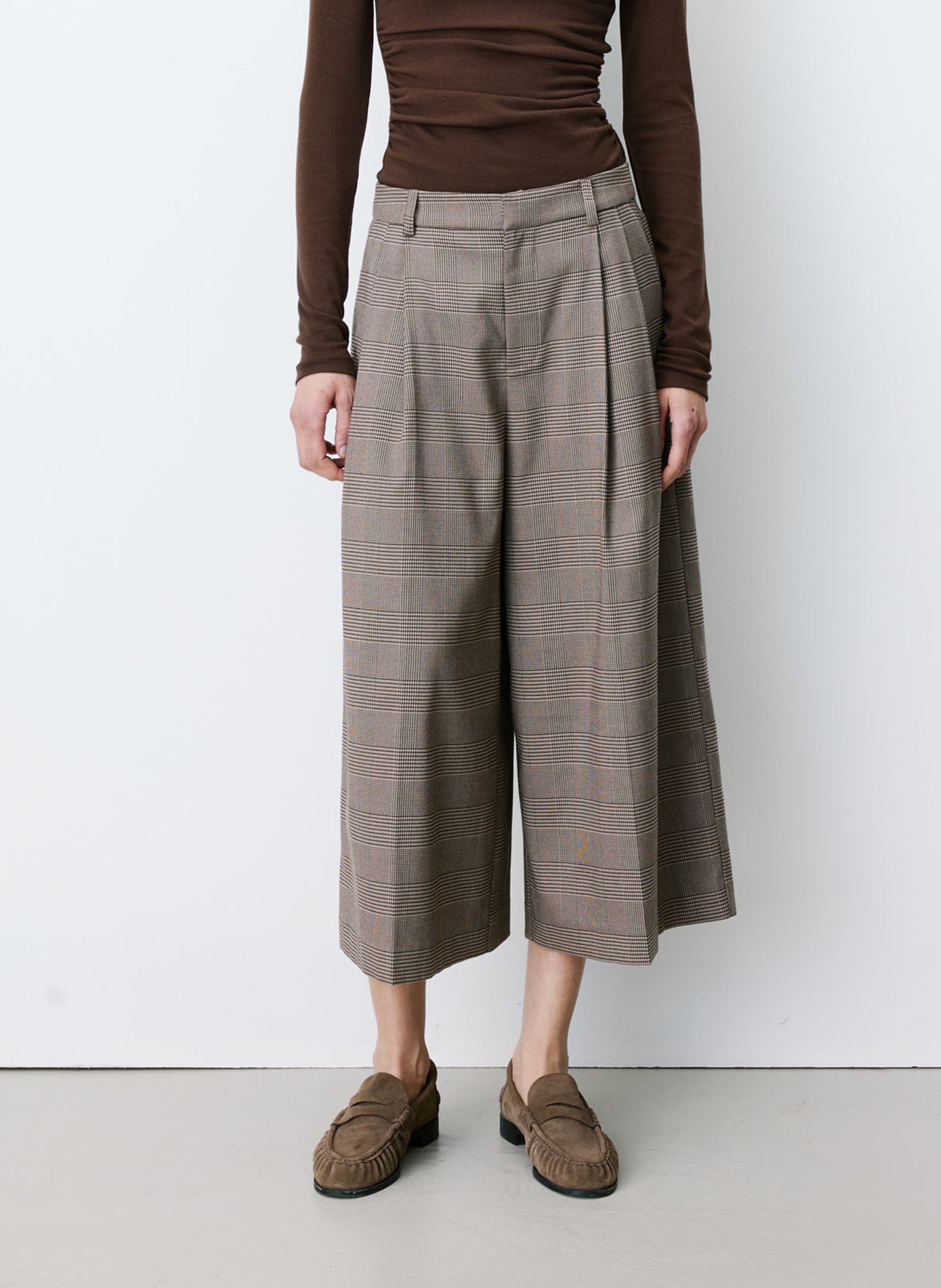 Prince of Wales Check Wide Leg Capri Pants GRACE ET MILA Beige