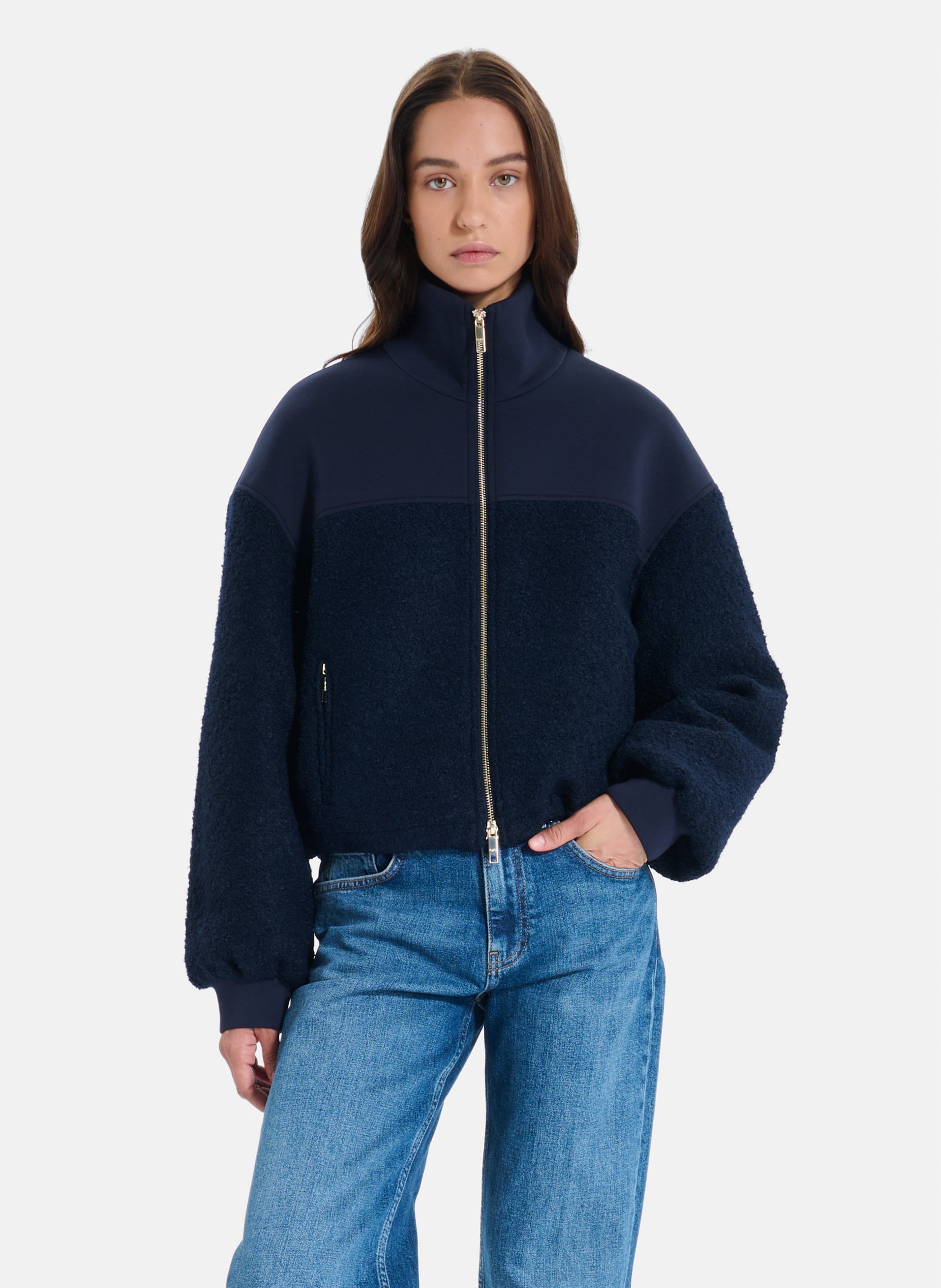 Blouson ample col montant en laine mélangée ZAPA Bleu