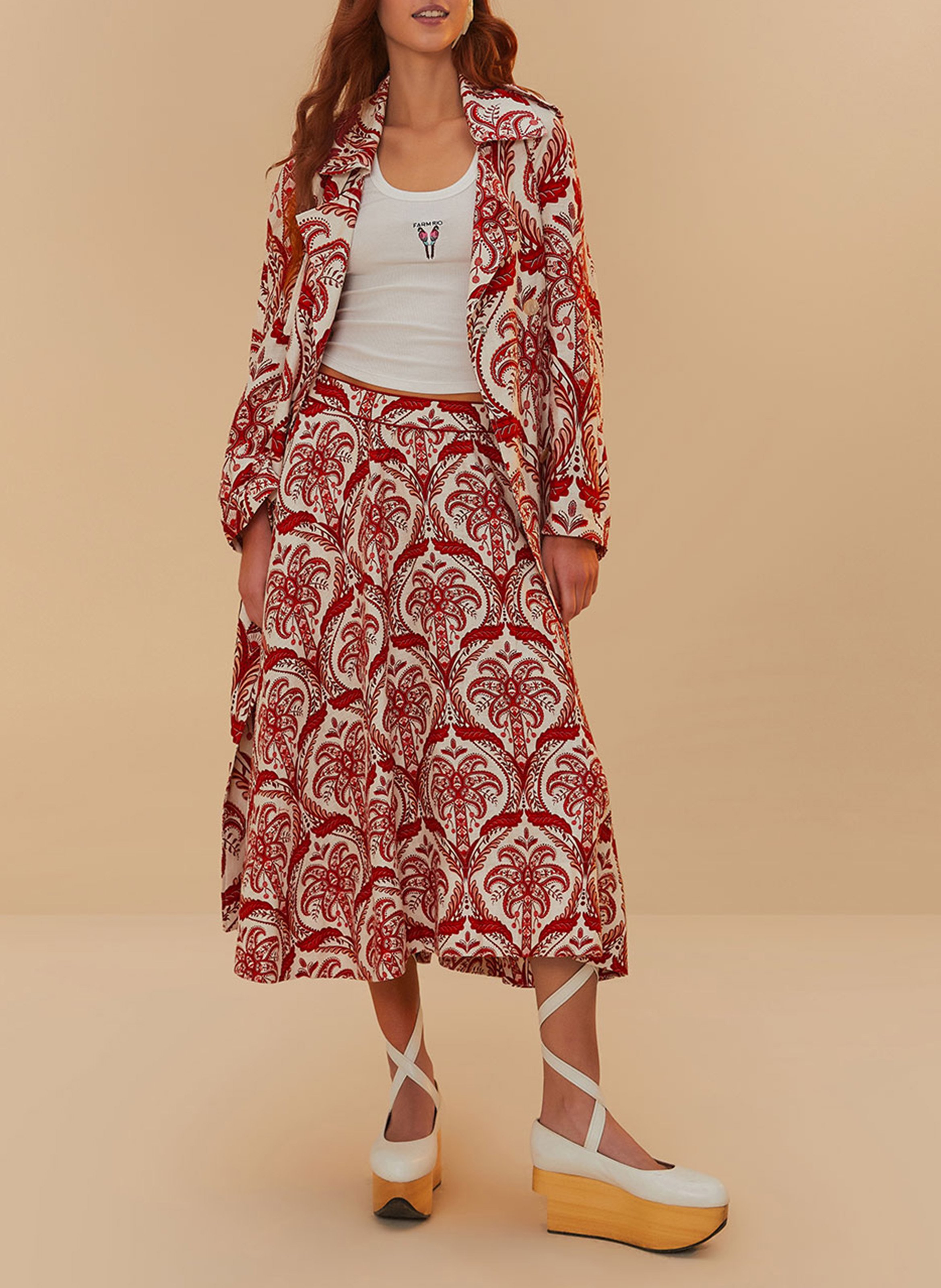 Jupe midi imprimée en lin FARM RIO Multicolore