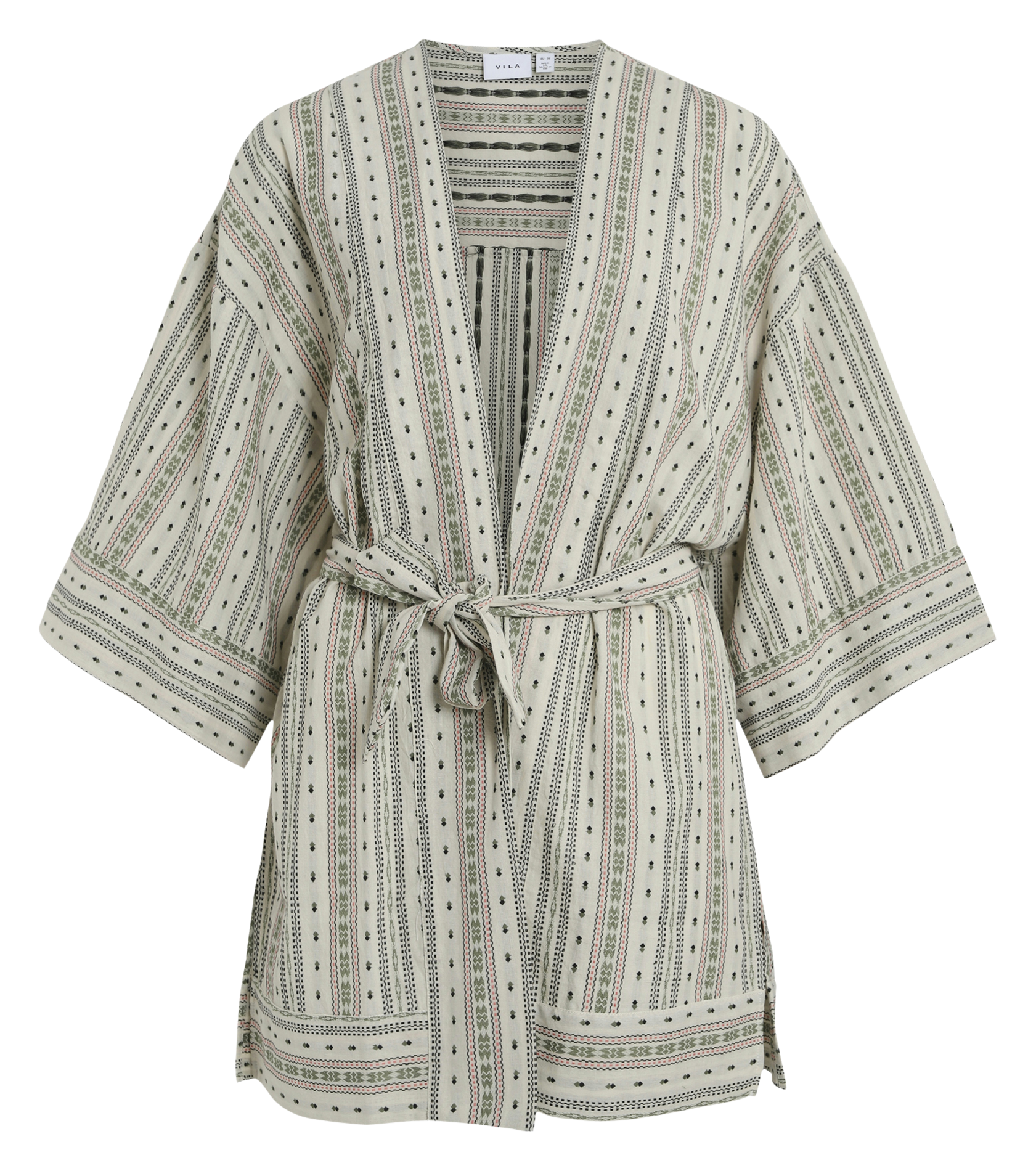 Kimono col v à rayures en coton VILA Beige