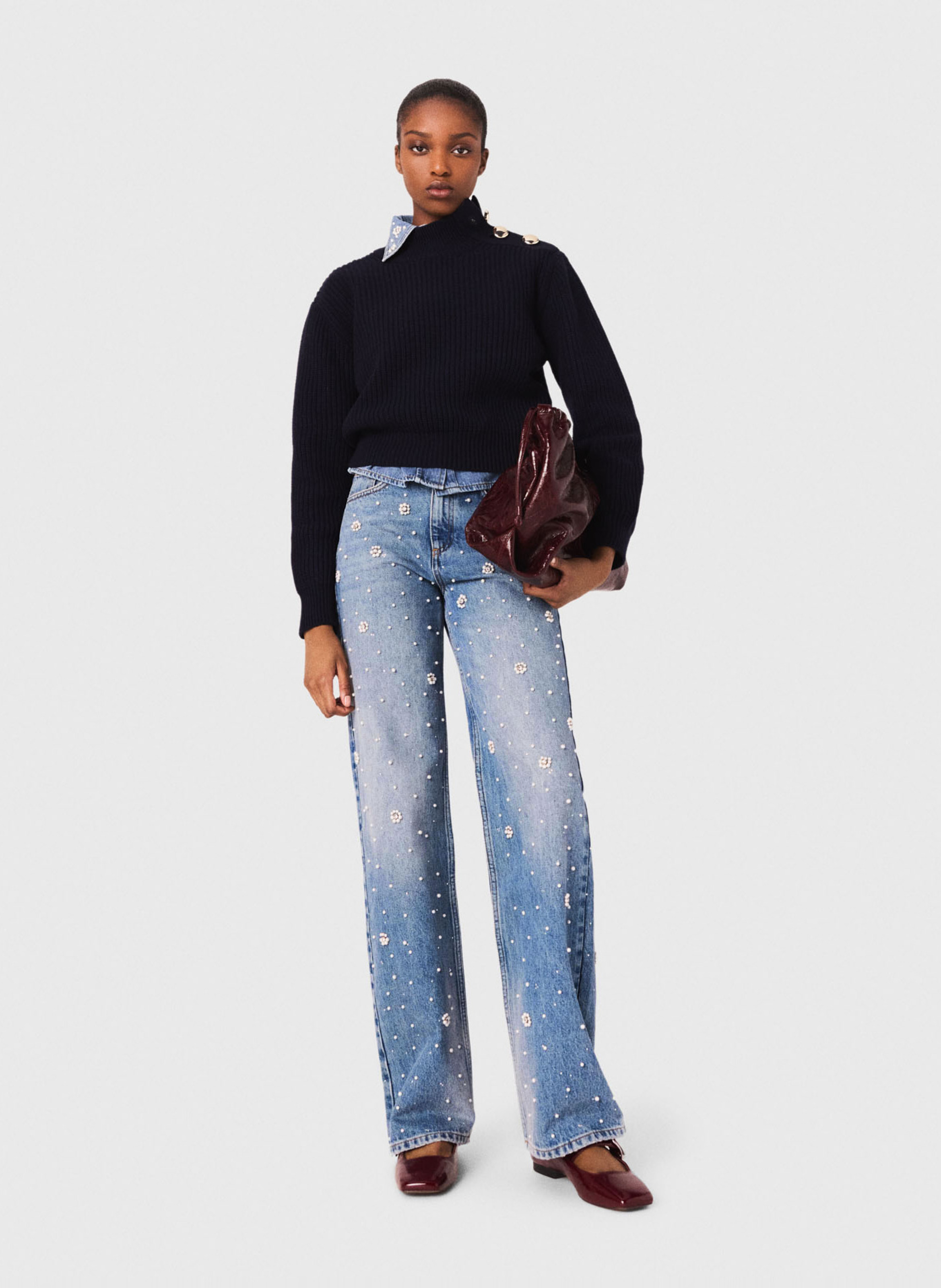 Rechte jeans met hoge taille en bloemenborduursels MAJE Blauw