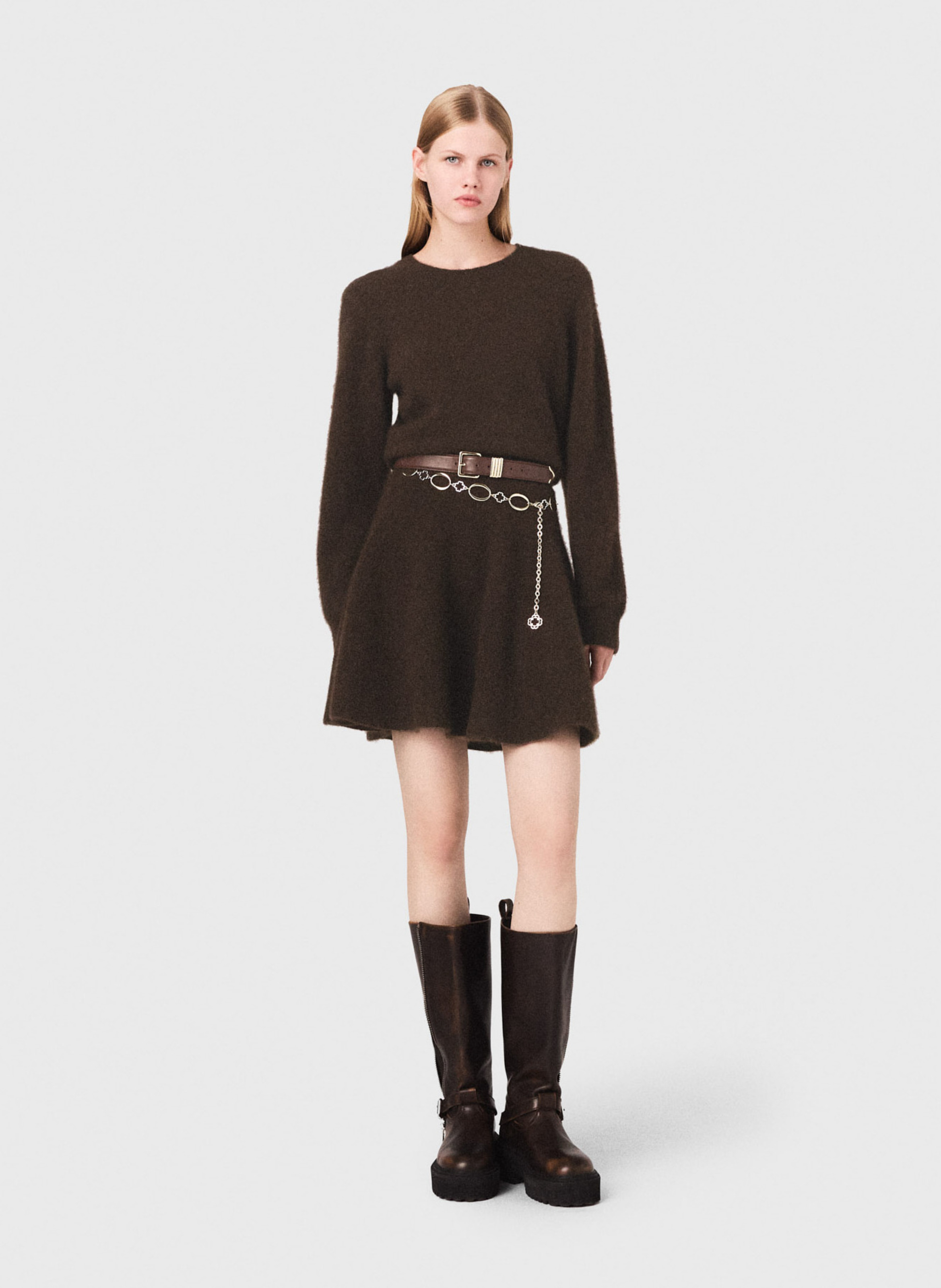 Solid Skater Dress in Mixed Wool MAJE Brown