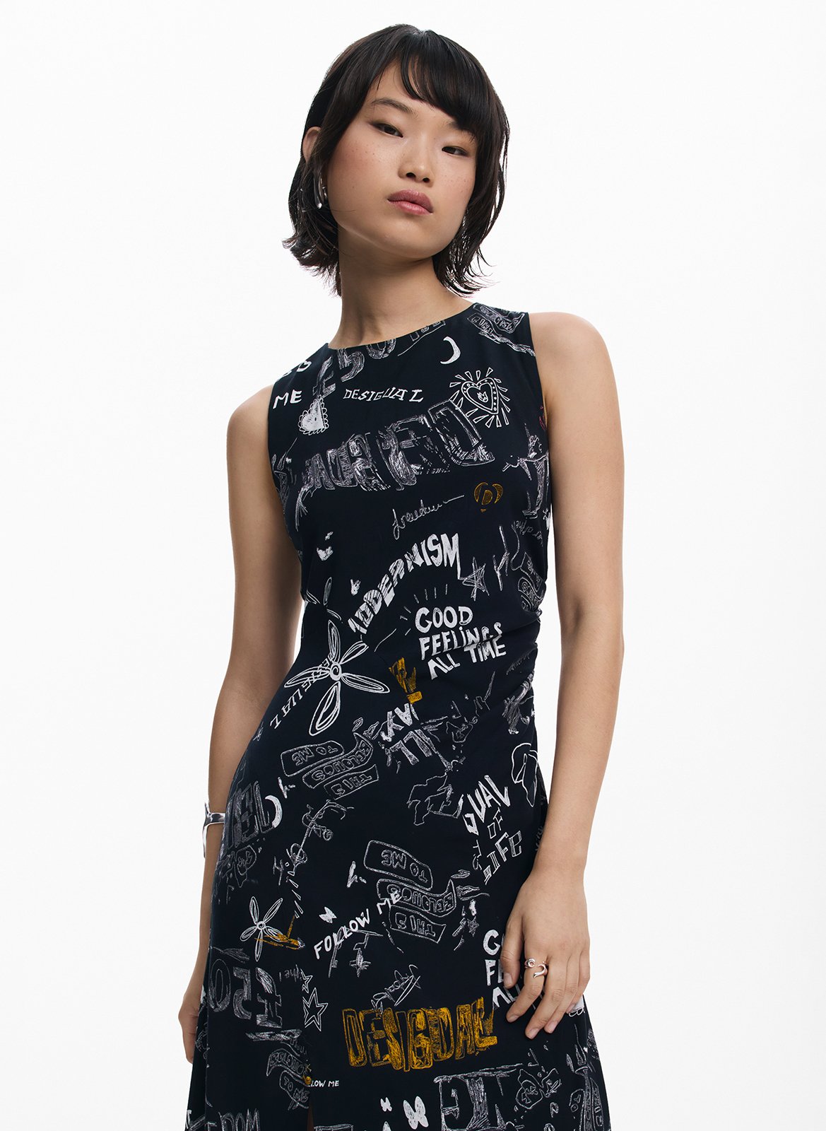 Robe midi col rond imprimée DESIGUAL Noir
