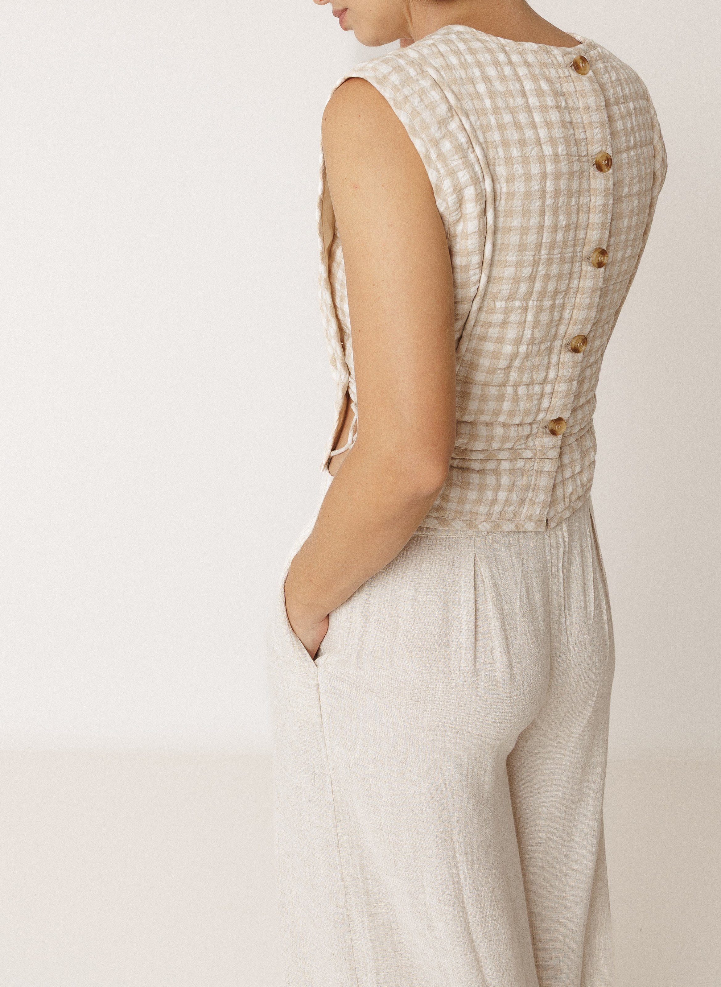 Kariertes Rundhals-Top INDI & COLD Beige