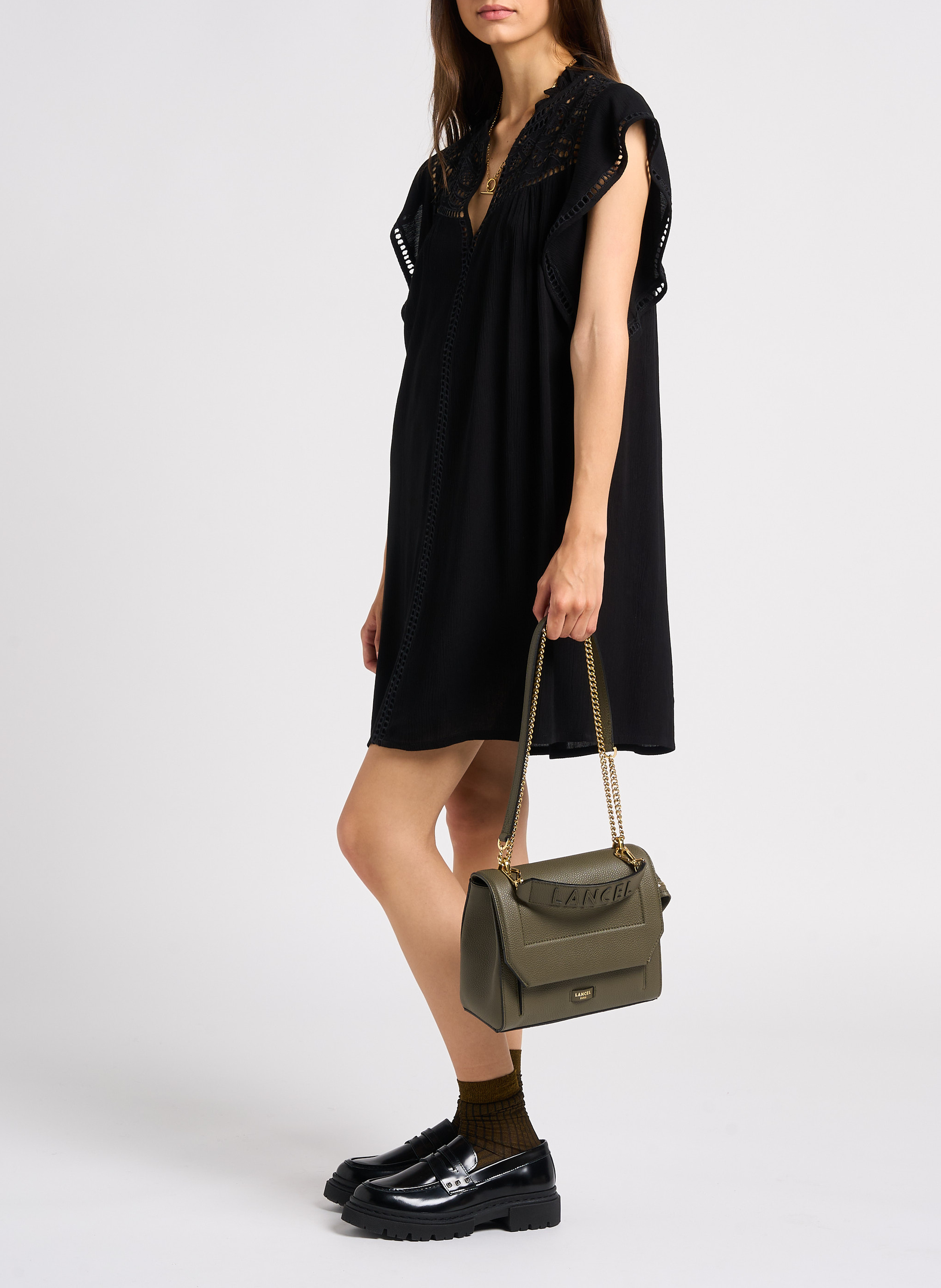 Sac à rabat en cuir grainé LANCEL Kaki