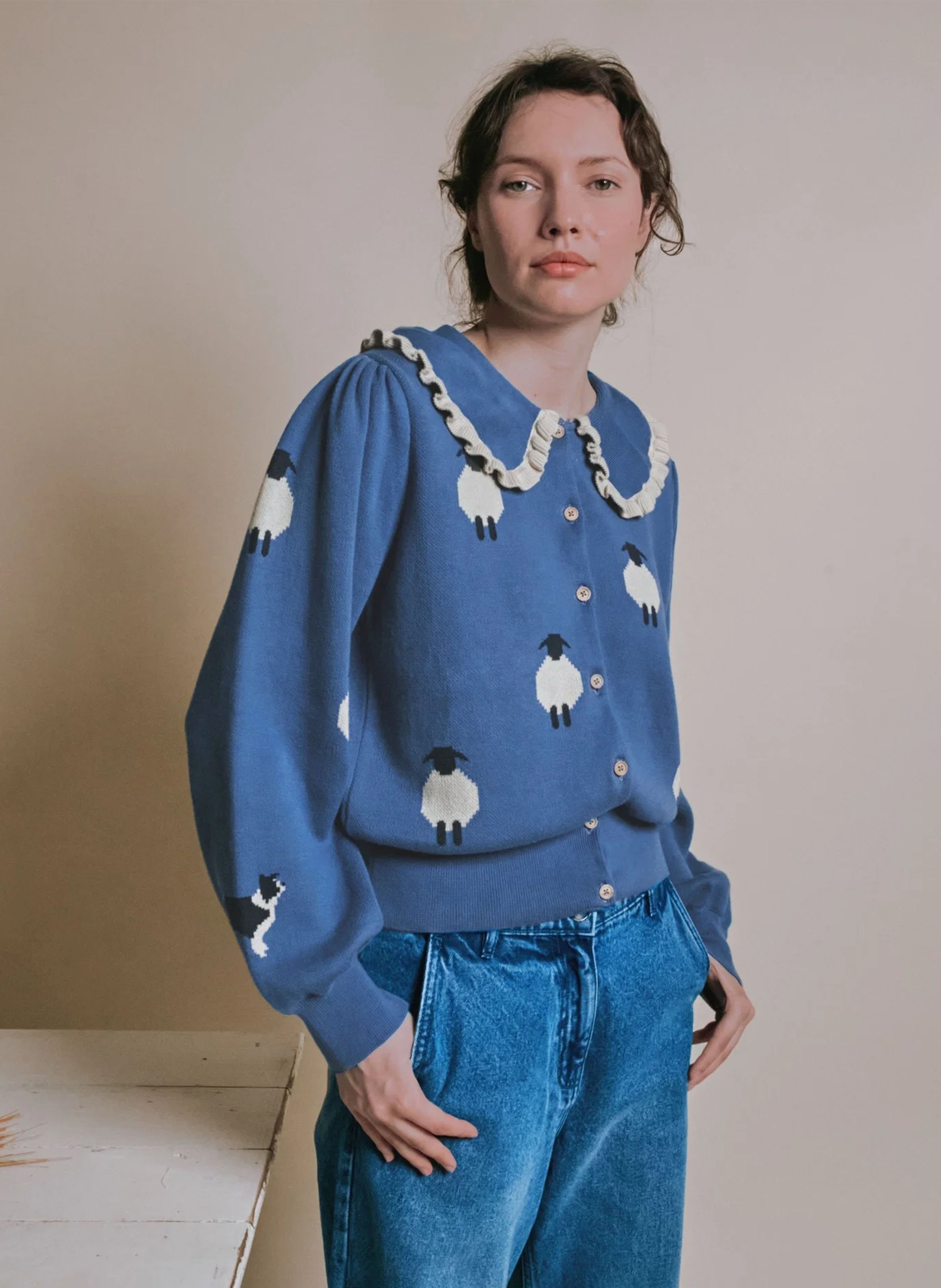 Gilet oversize col claudine en coton bio imprimé EMILE ET IDA Bleu
