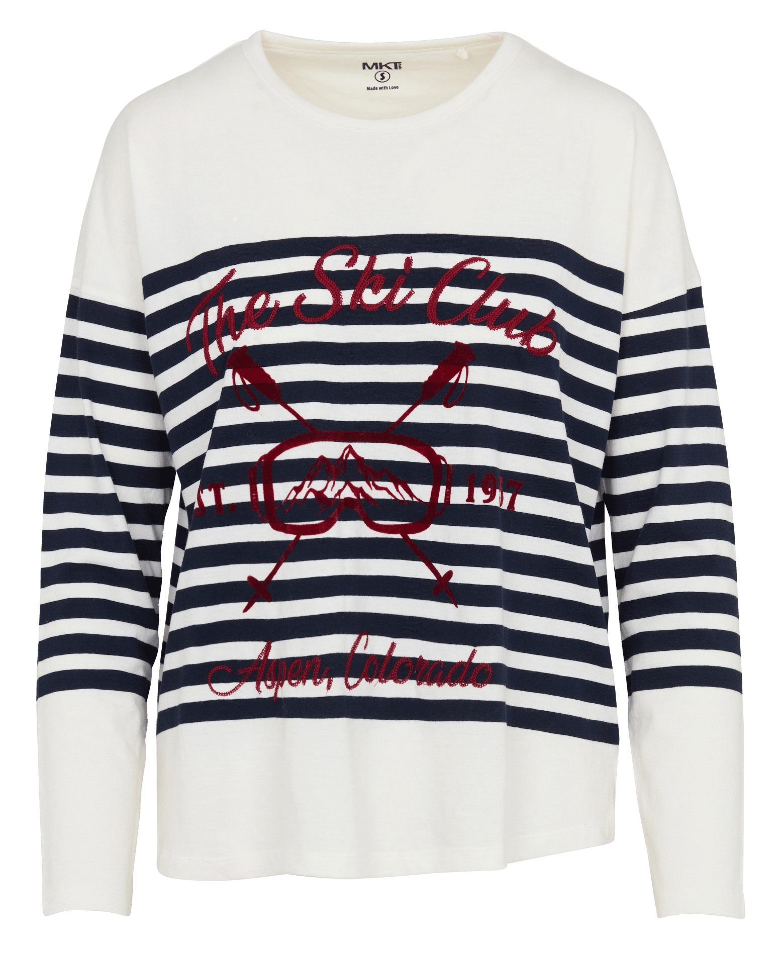 T-shirt droit col rond rayé et brodé en coton MKT Beige
