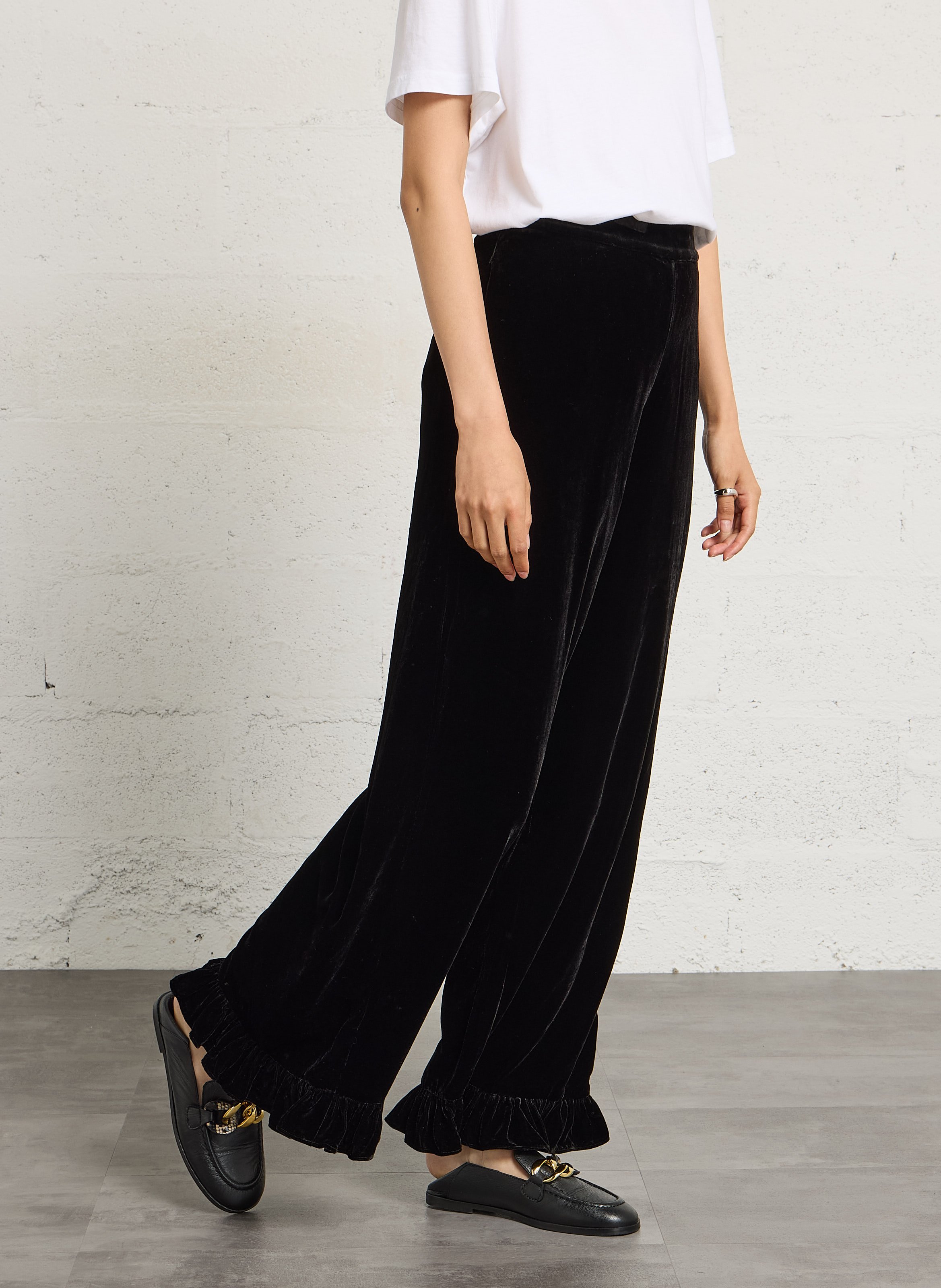 Wijde fluwelen broek met ruches DES PETITS HAUTS Zwart