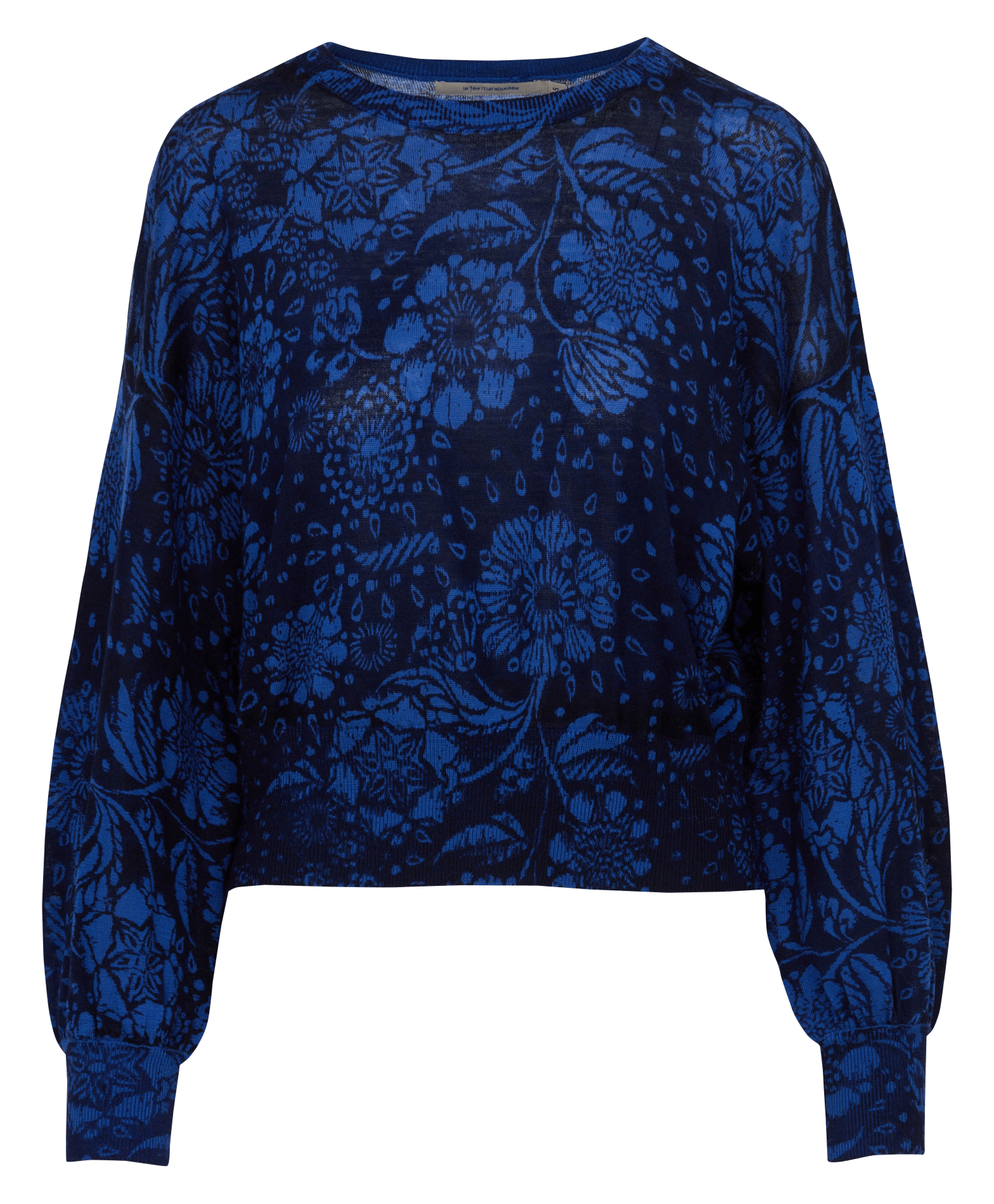 Pull court imprimé floral en laine LA FEE MARABOUTEE Bleu