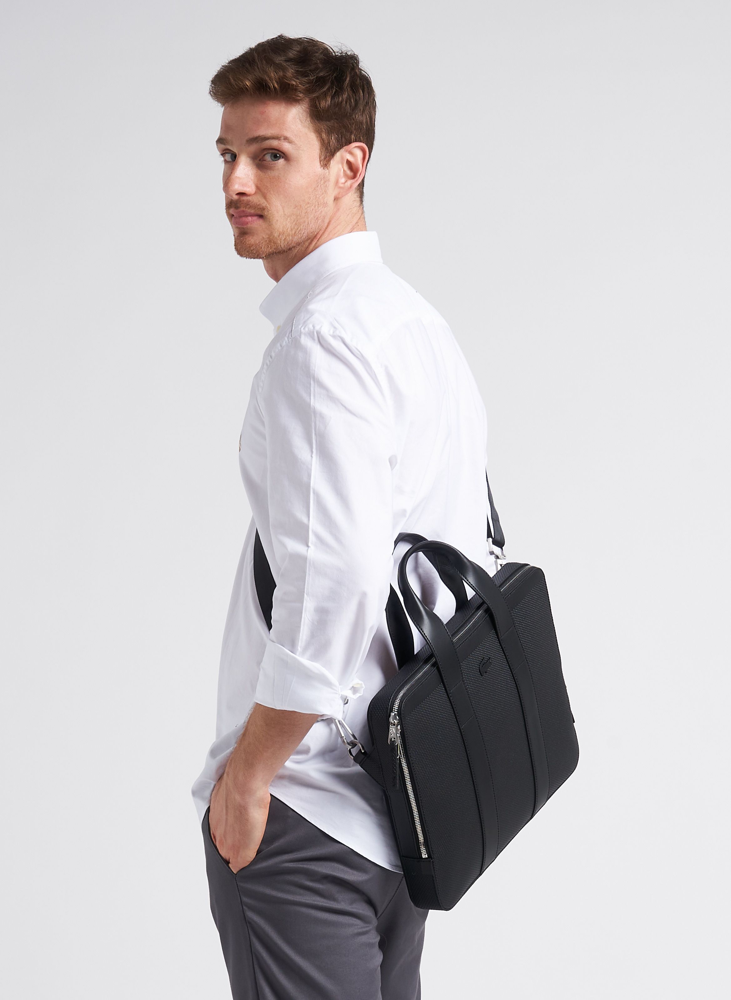 Sac Extra Fin Pour Ordinateur En Cuir Piqu Noir Lacoste Homme