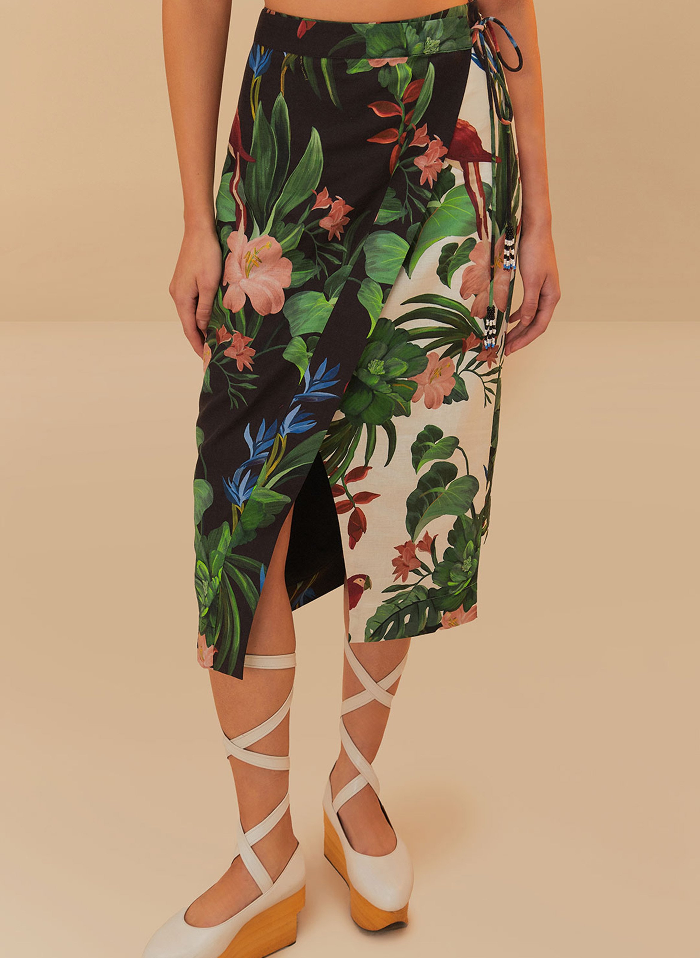 Jupe midi portefeuille en lin mélangé FARM RIO Multicolore