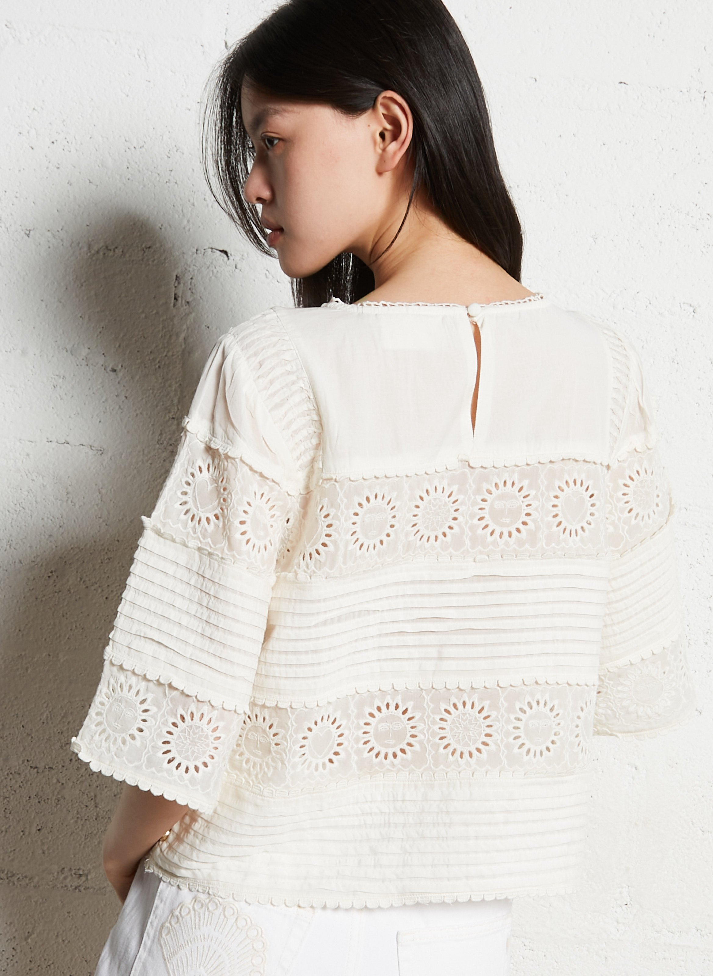 Top ample col rond brodé Blanc