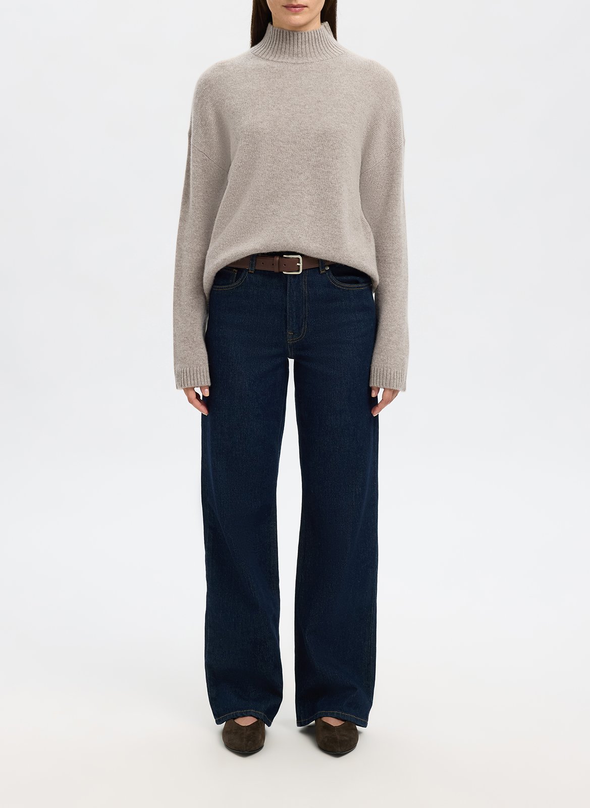 Pull oversize col montant en laine et cachemire SELECTED Marron