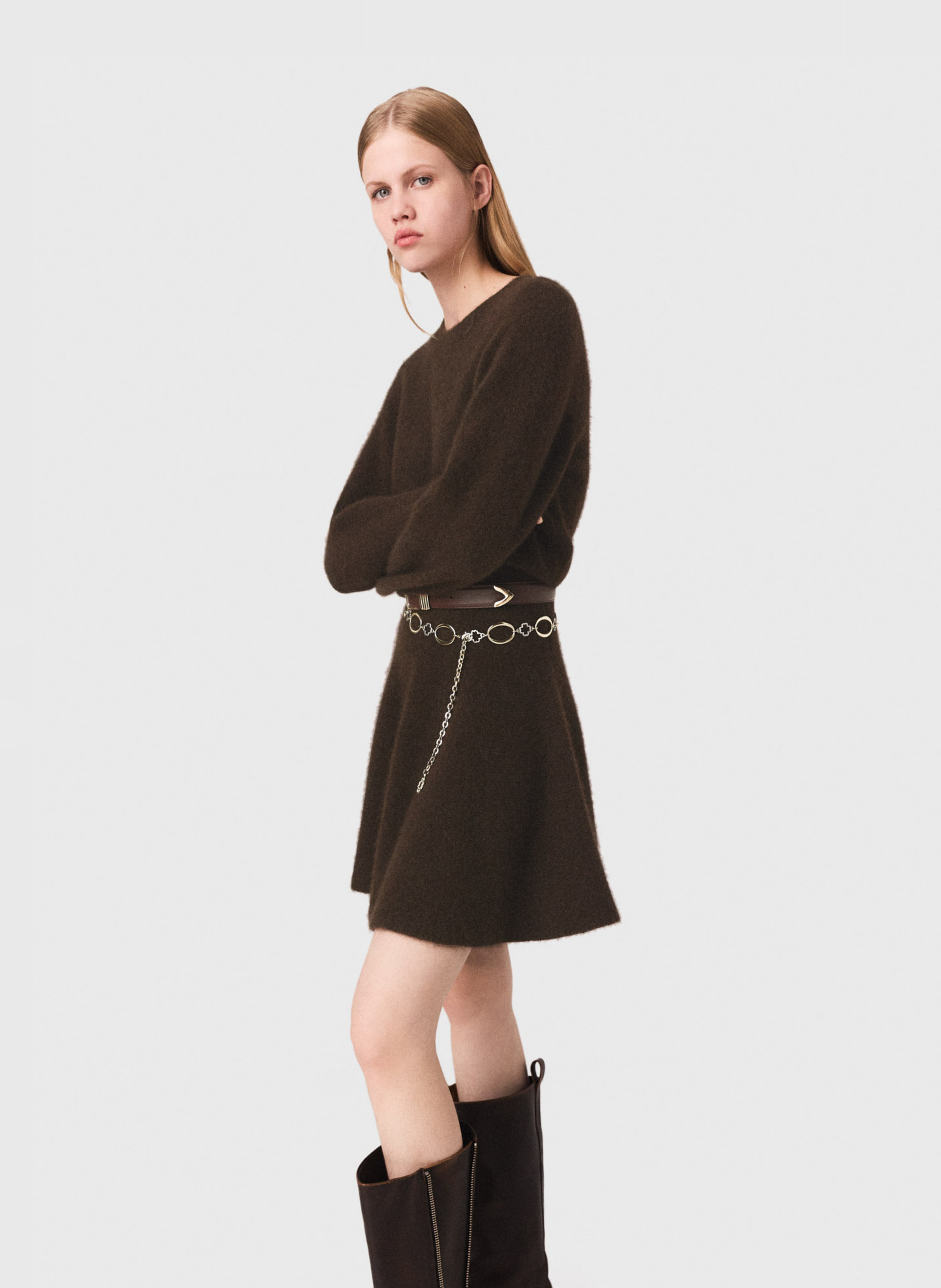 Solid Skater Dress in Mixed Wool MAJE Brown