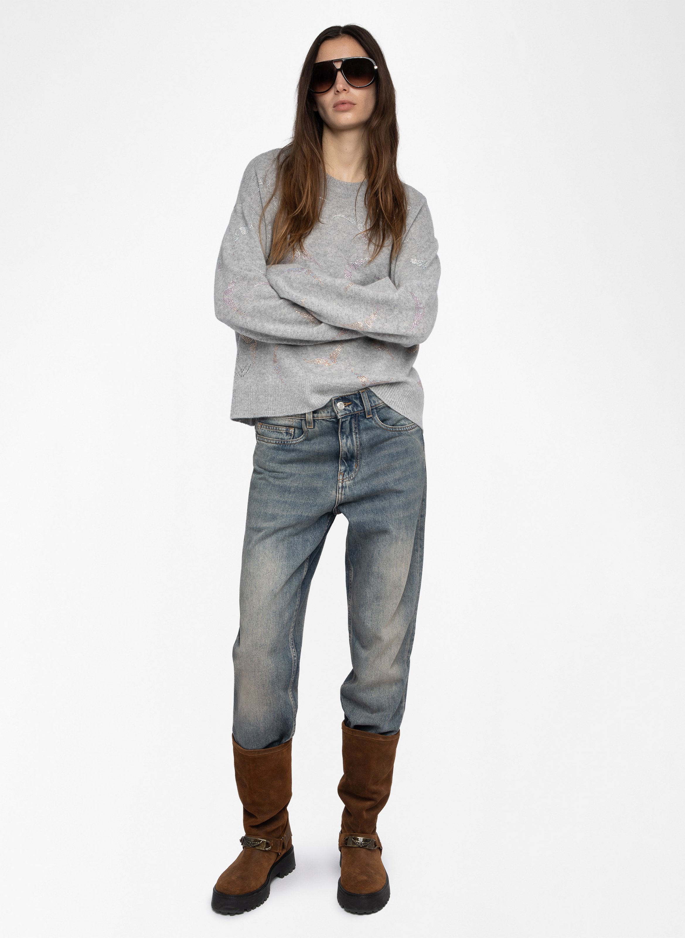 Pull droit col rond en cachemire imprimé ZADIG&VOLTAIRE Gris