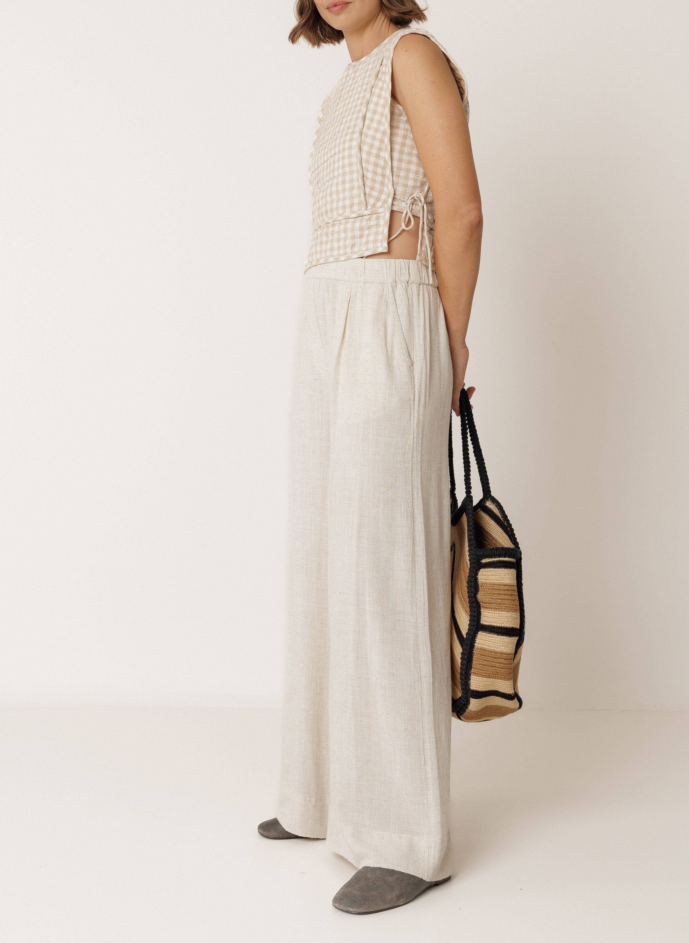 Kariertes Rundhals-Top INDI & COLD Beige