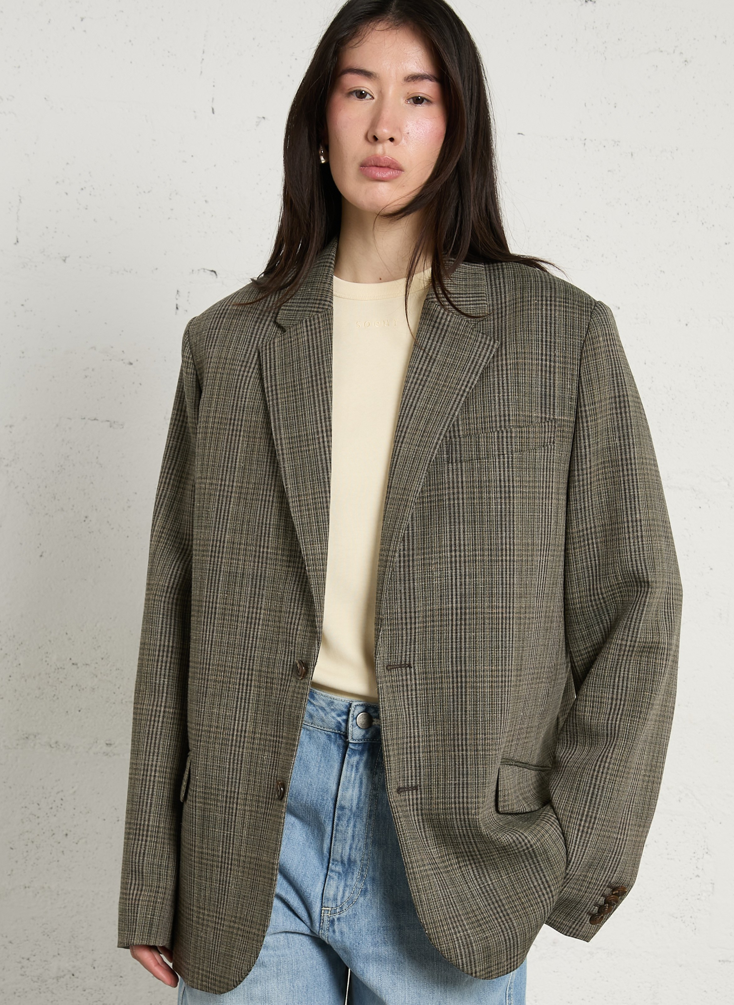 Oversized checked wool-blend jacket with tailored collar SOEUR Brown