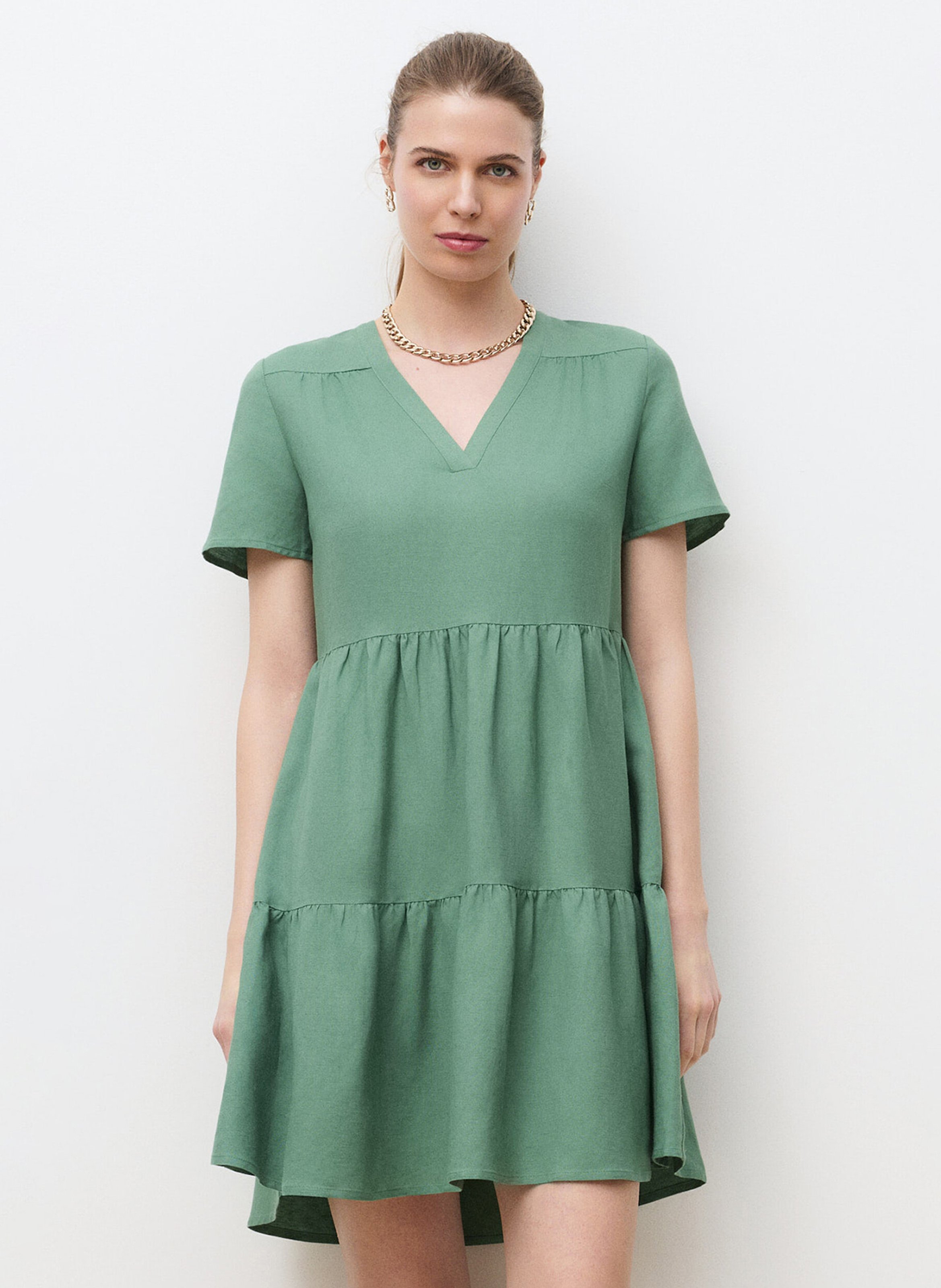 Robe courte col V en lin mélangé CAROLL Vert