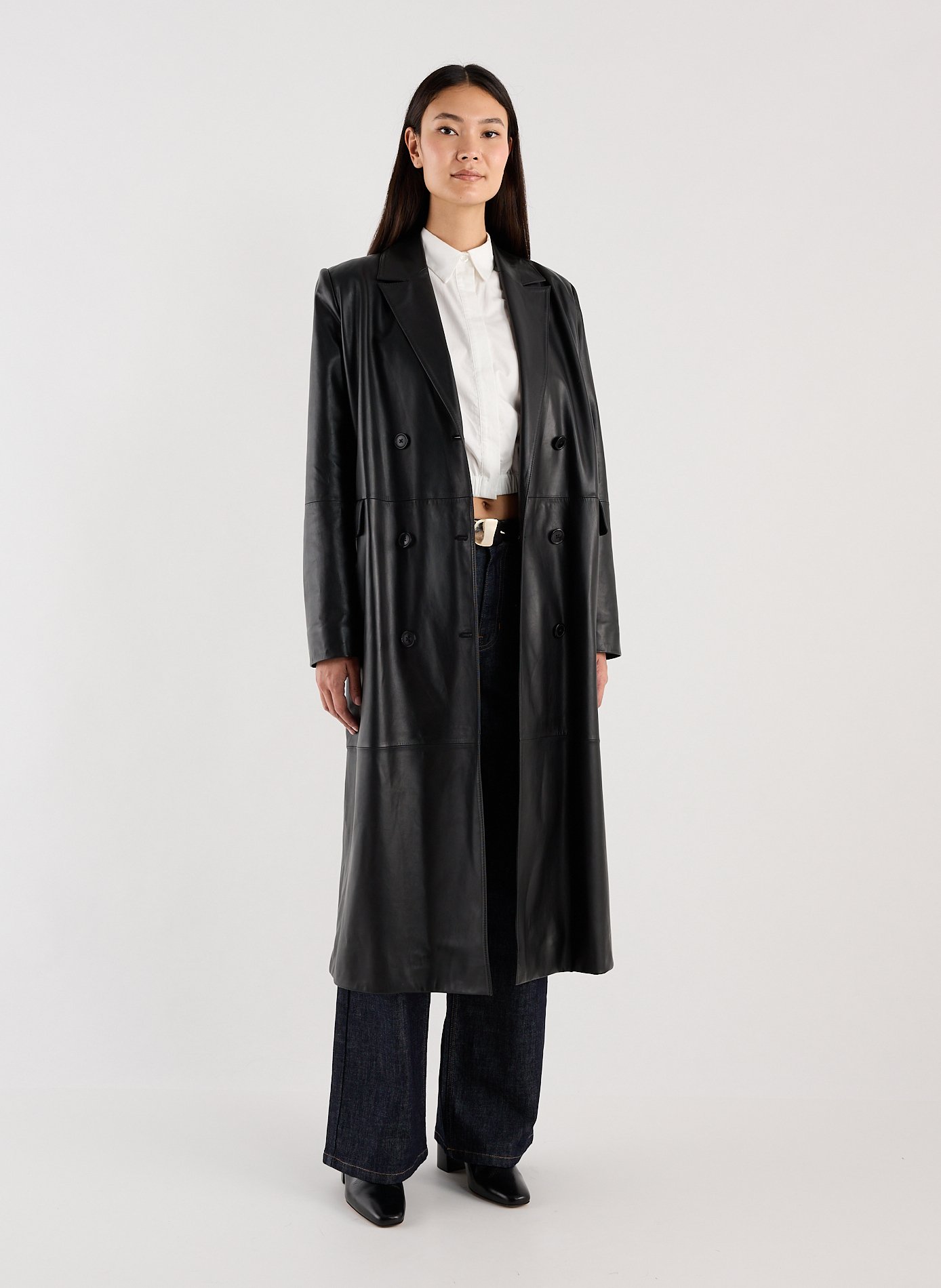 Straight leather coat with tailored collar SAISON 1865 Black
