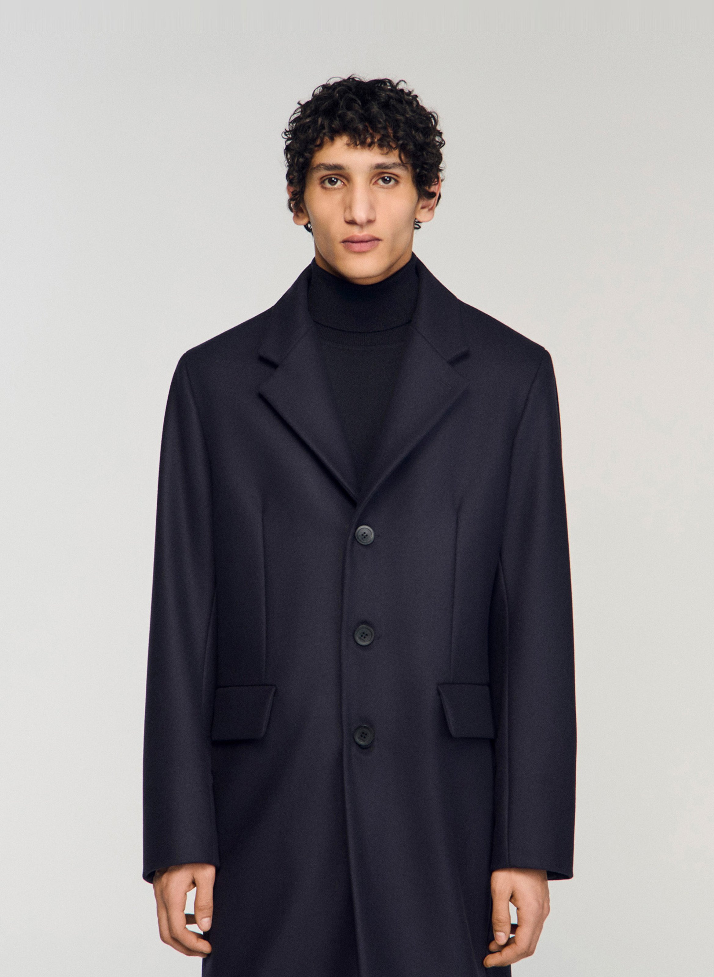 Manteau droit en laine mélangée Bleu