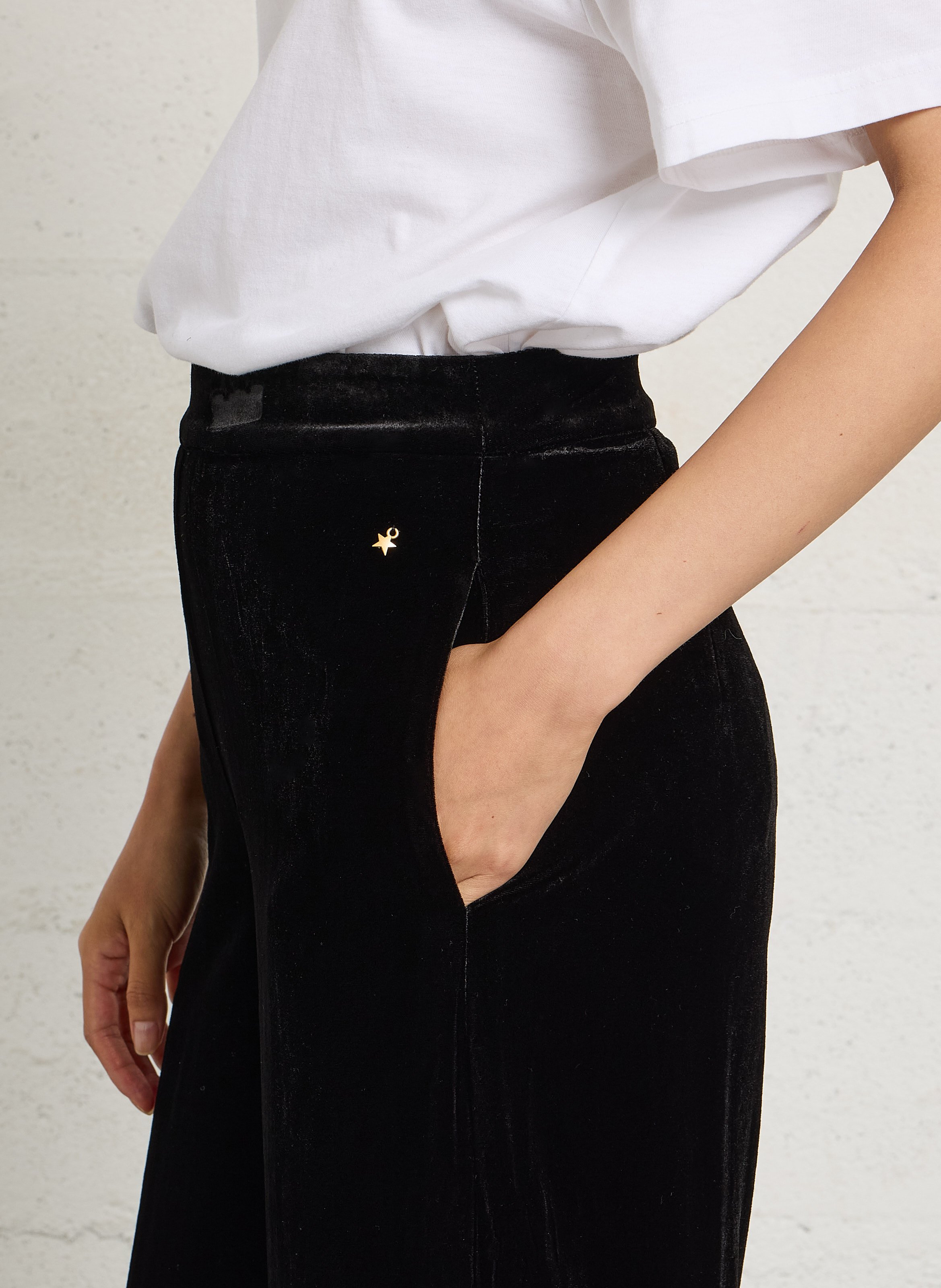 Wijde fluwelen broek met ruches DES PETITS HAUTS Zwart