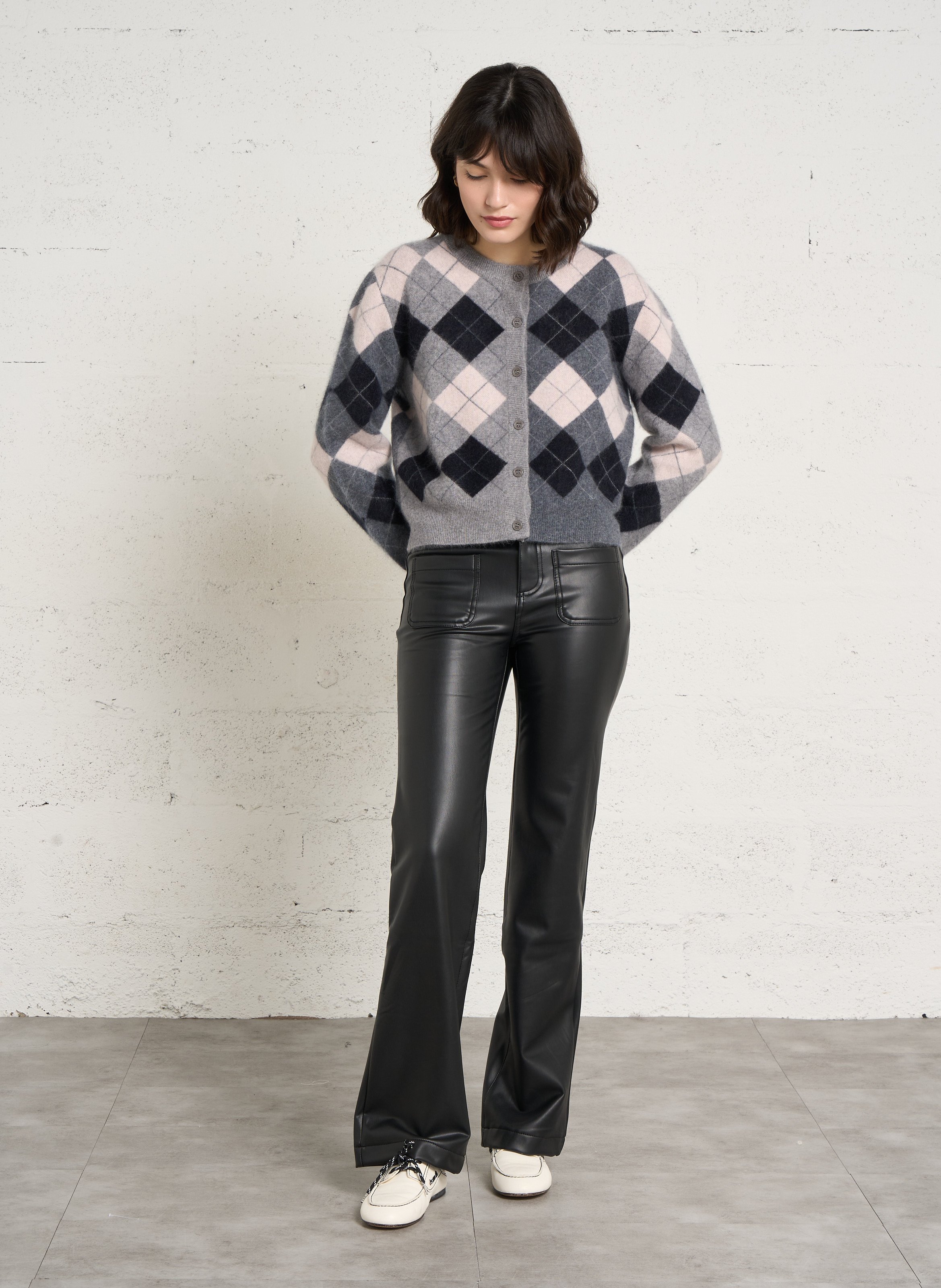 Straight-fit checked wool cardigan BERENICE Pink