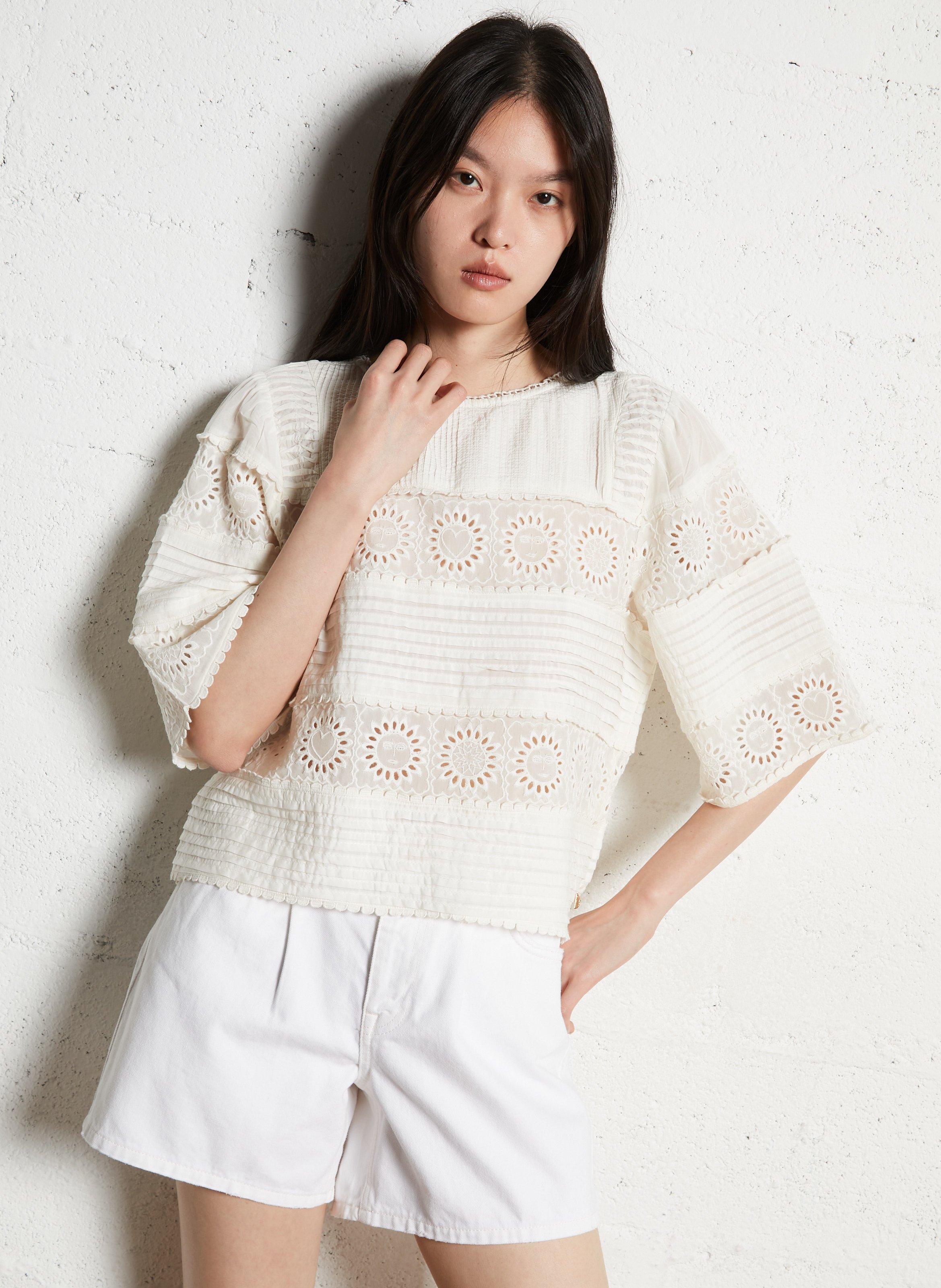 Top ample col rond brodé Blanc