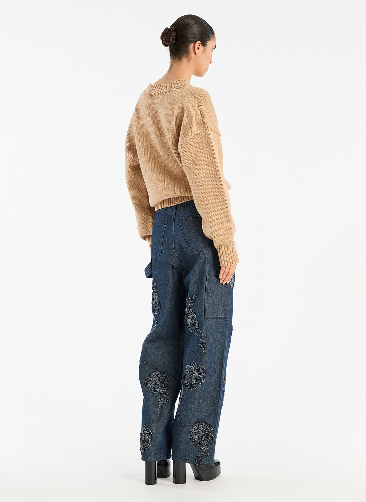 Pull col V uni en laine et cachemire ROTATE Beige