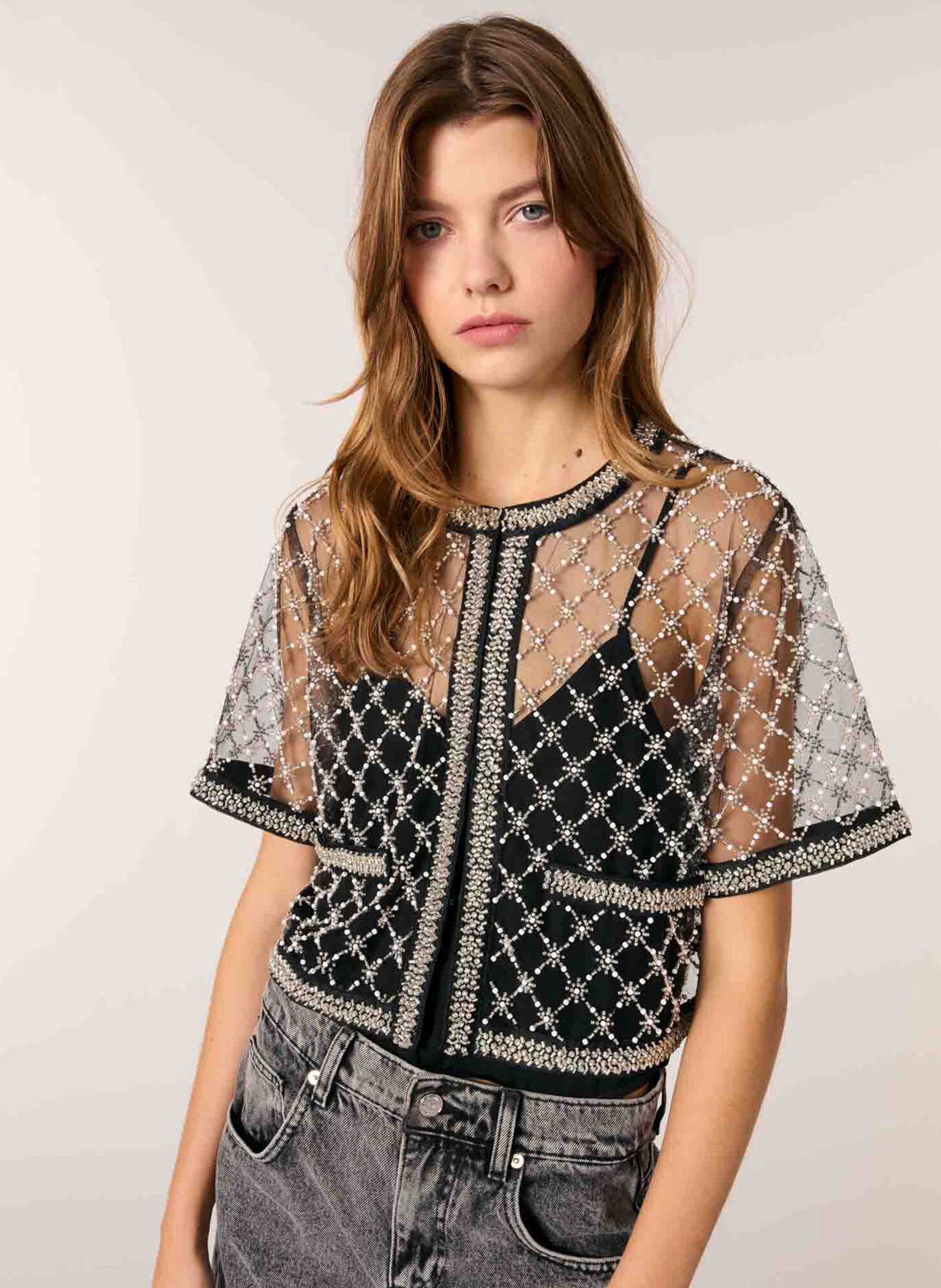 Top col rond à perles brodées MAJE Noir