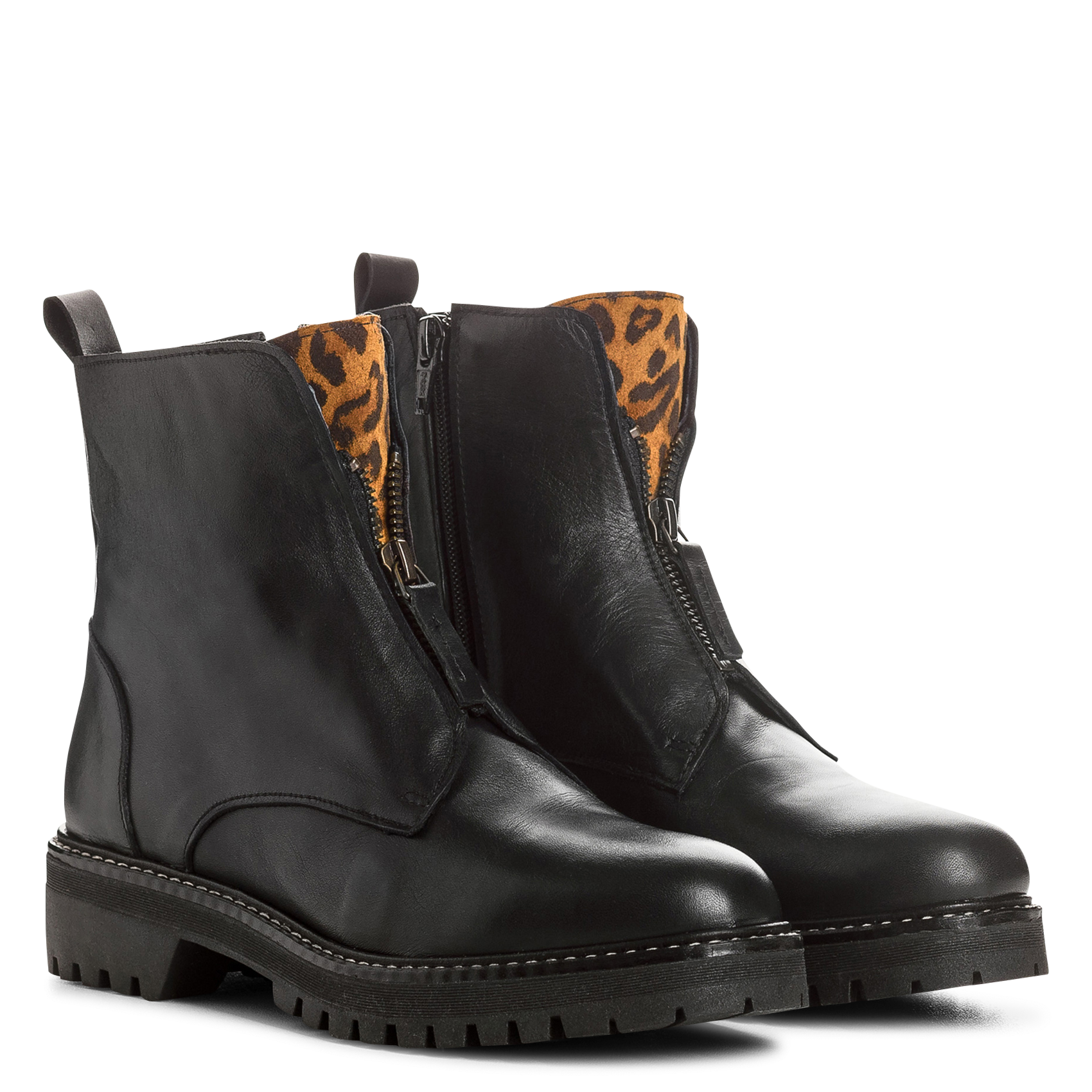 Laarzen met luipaarddetail en rits in leer REQINS Zwart