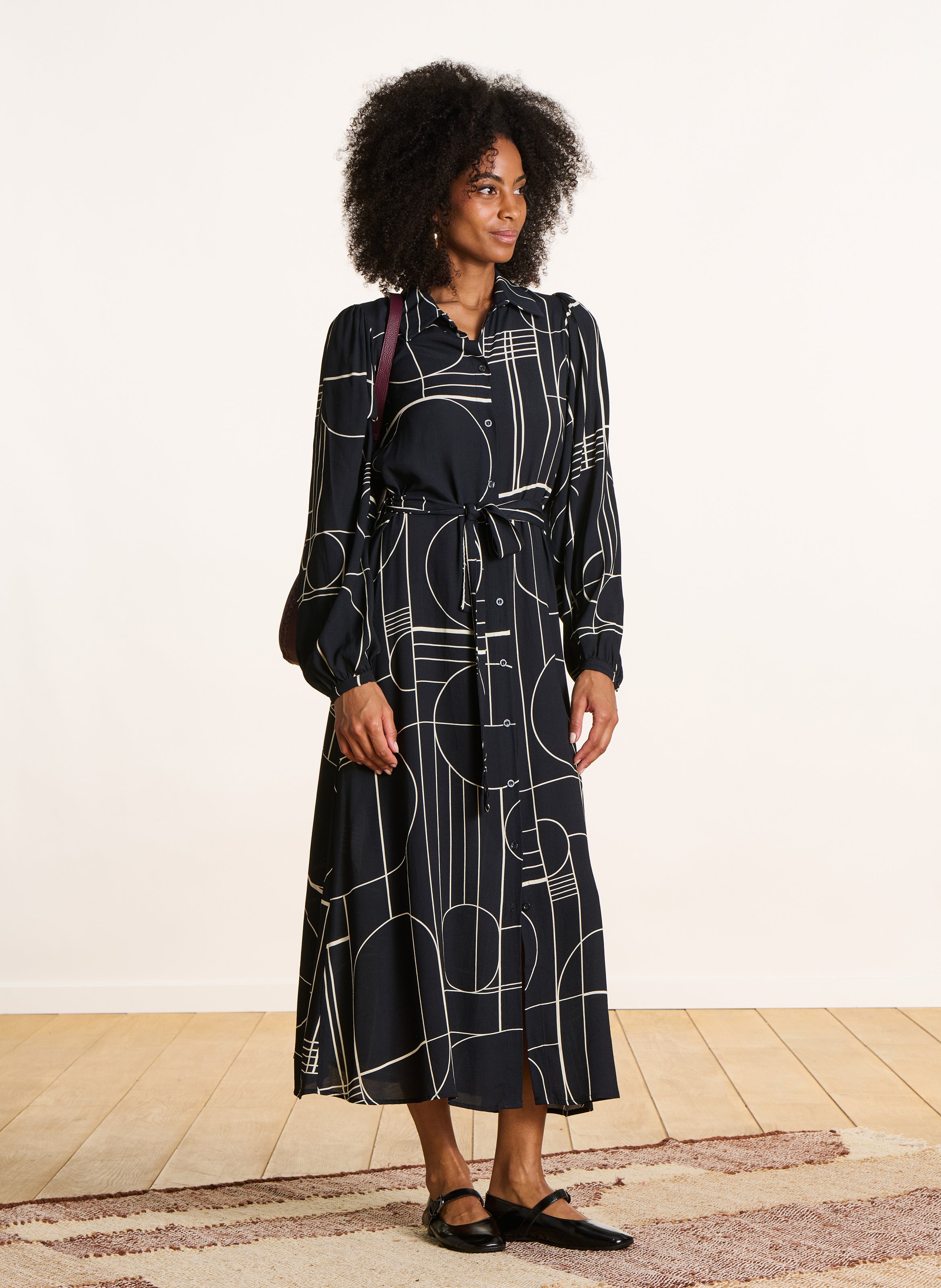 Robe midi ceinturée à motifs LA FEE MARABOUTEE Noir
