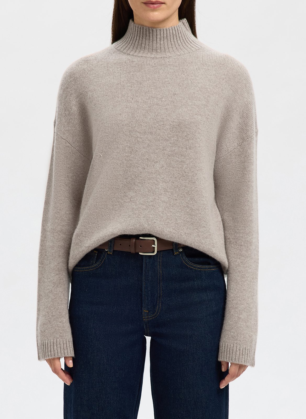 Pull oversize col montant en laine et cachemire SELECTED Marron