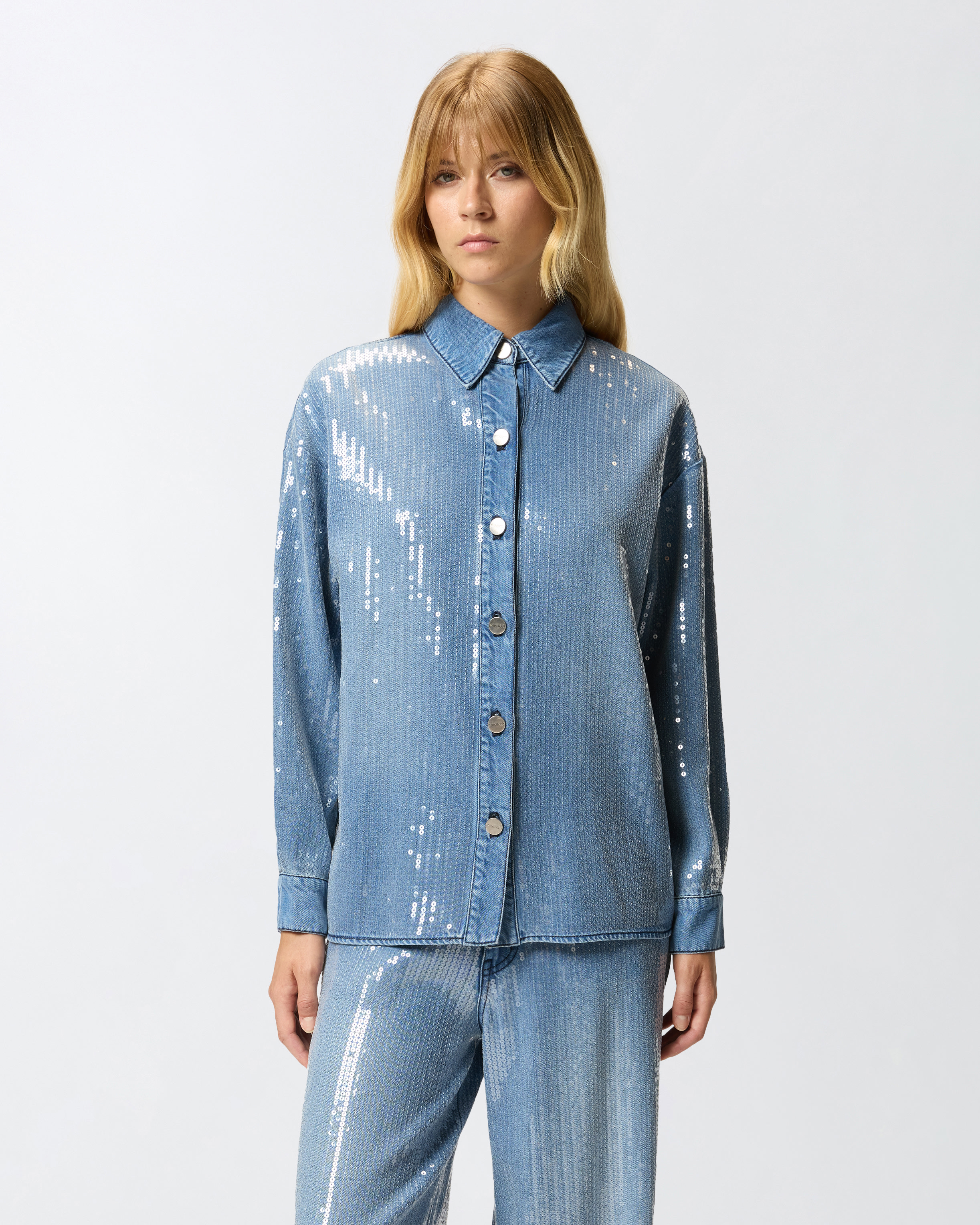 Denim overshirt fully embellished with sequins PINKO Blue