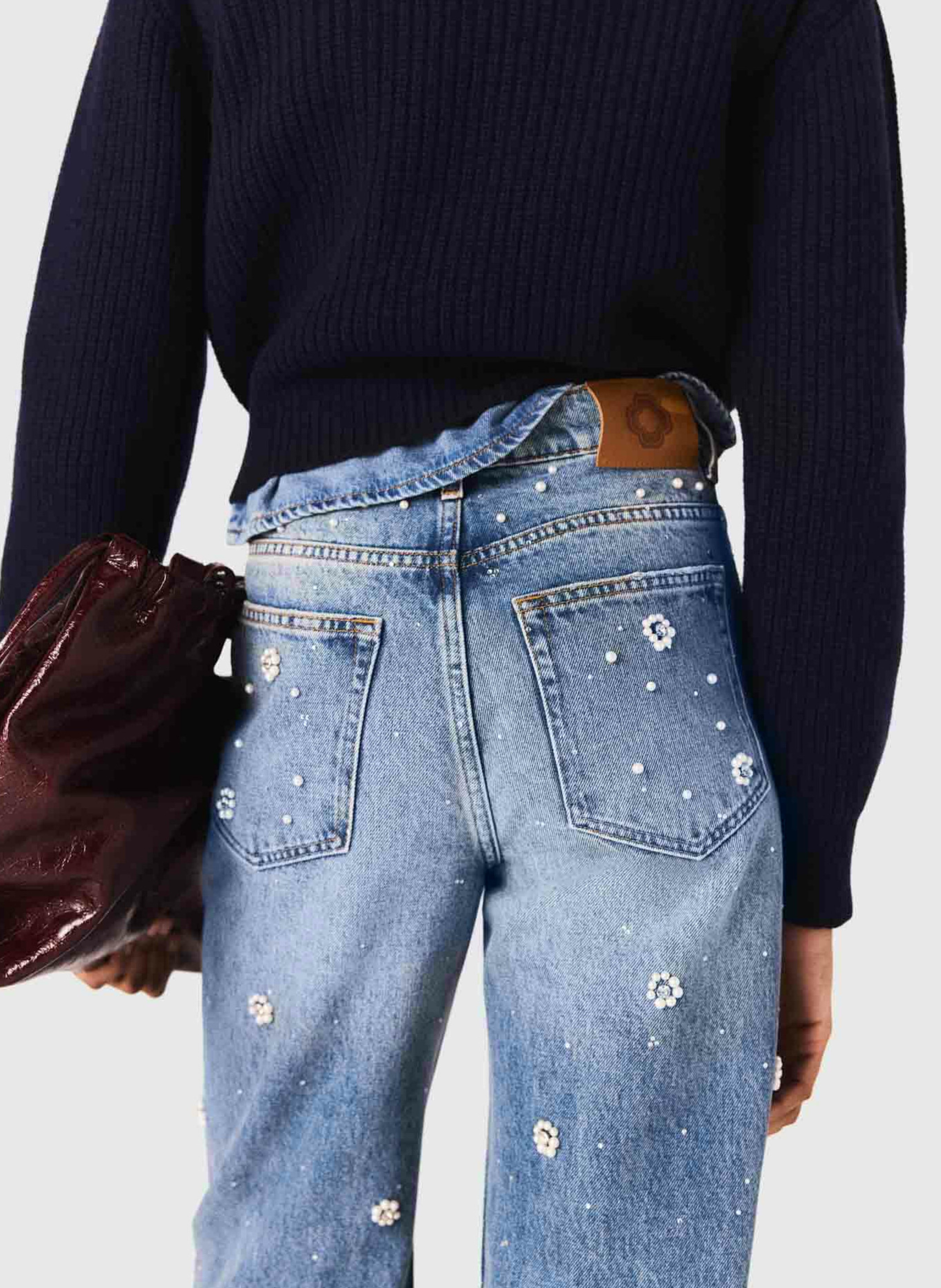 Rechte jeans met hoge taille en bloemenborduursels MAJE Blauw