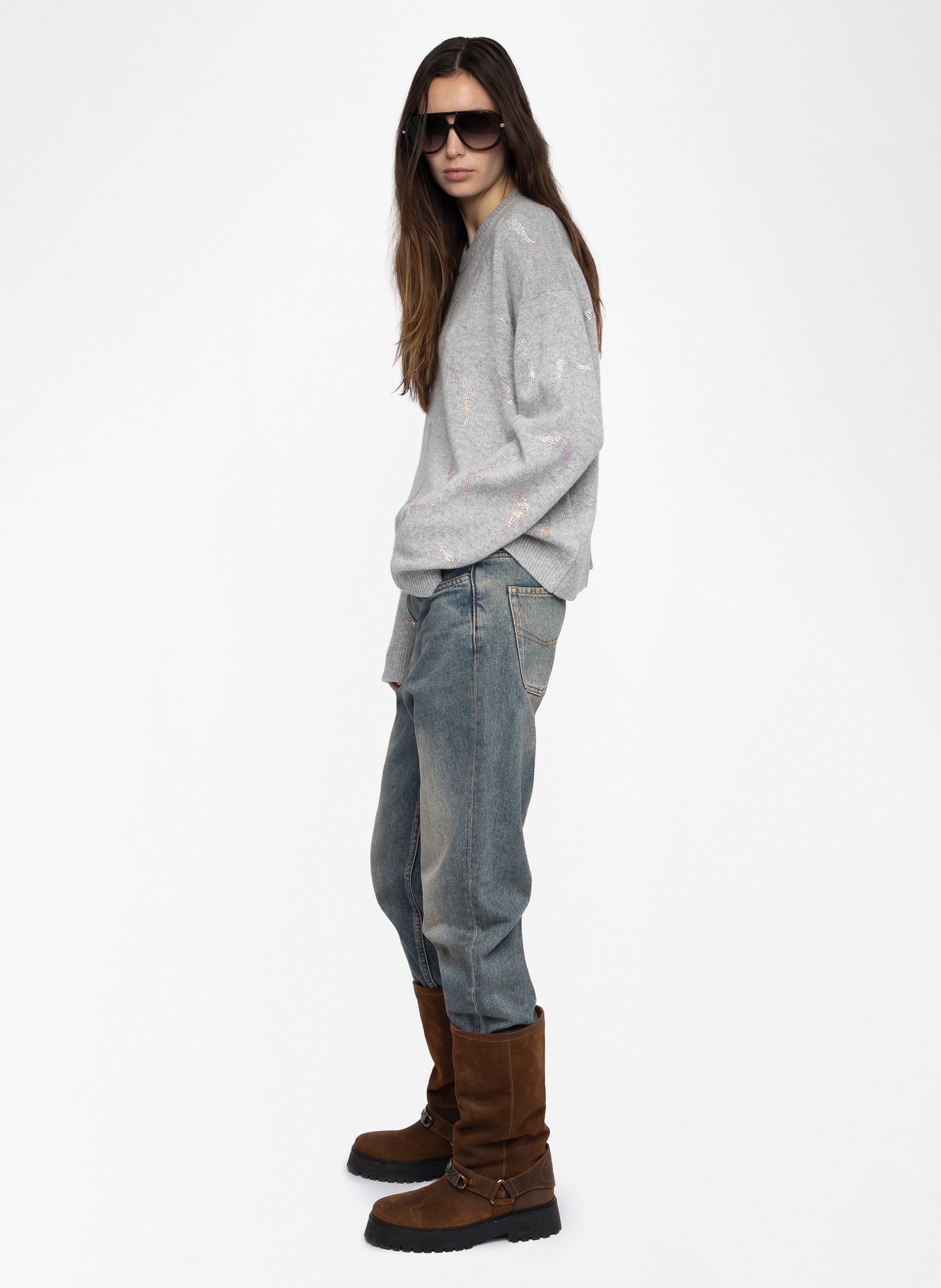 Pull droit col rond en cachemire imprimé ZADIG&VOLTAIRE Gris