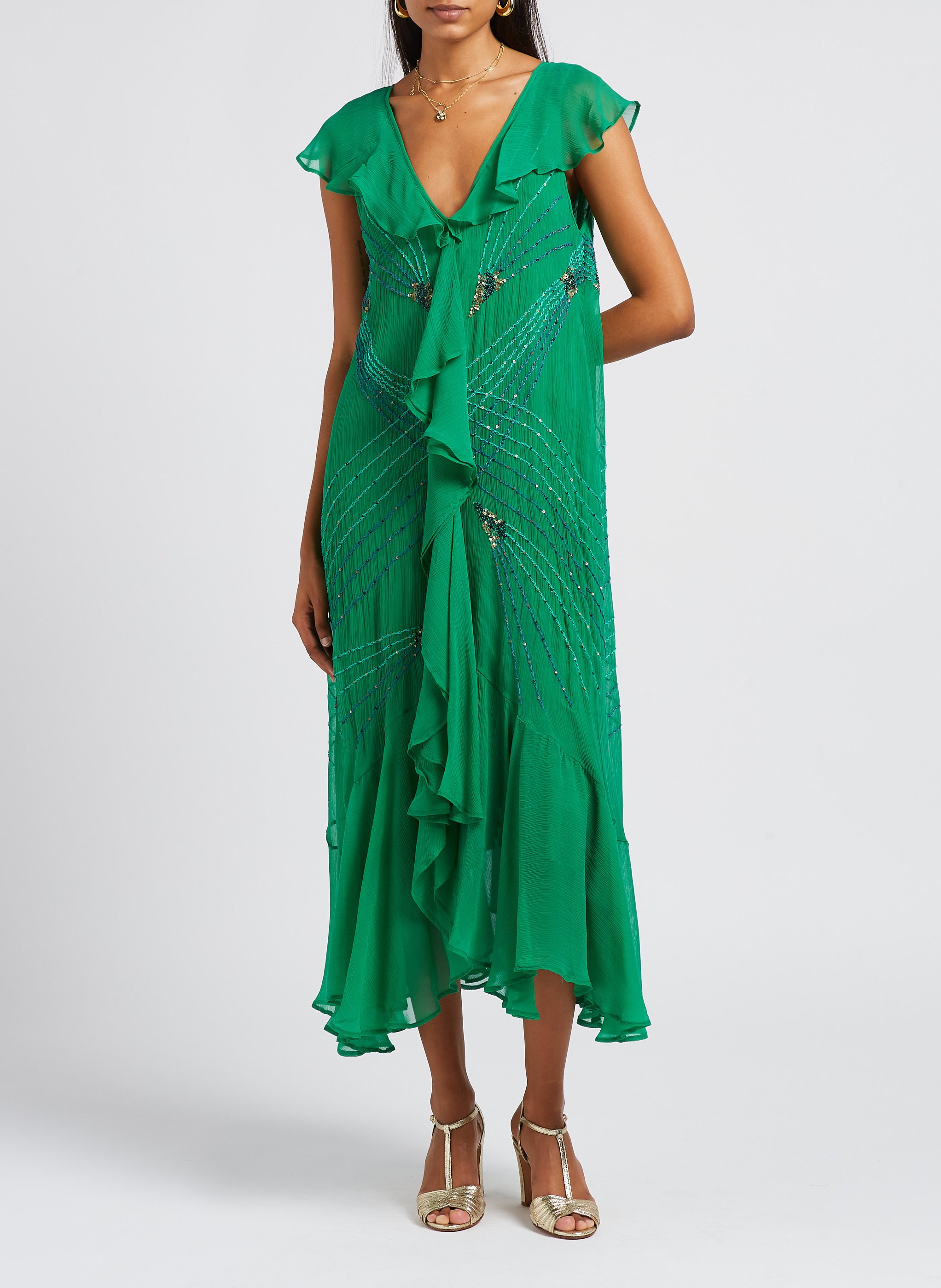 Robe longue volantée à sequins MES DEMOISELLES Vert
