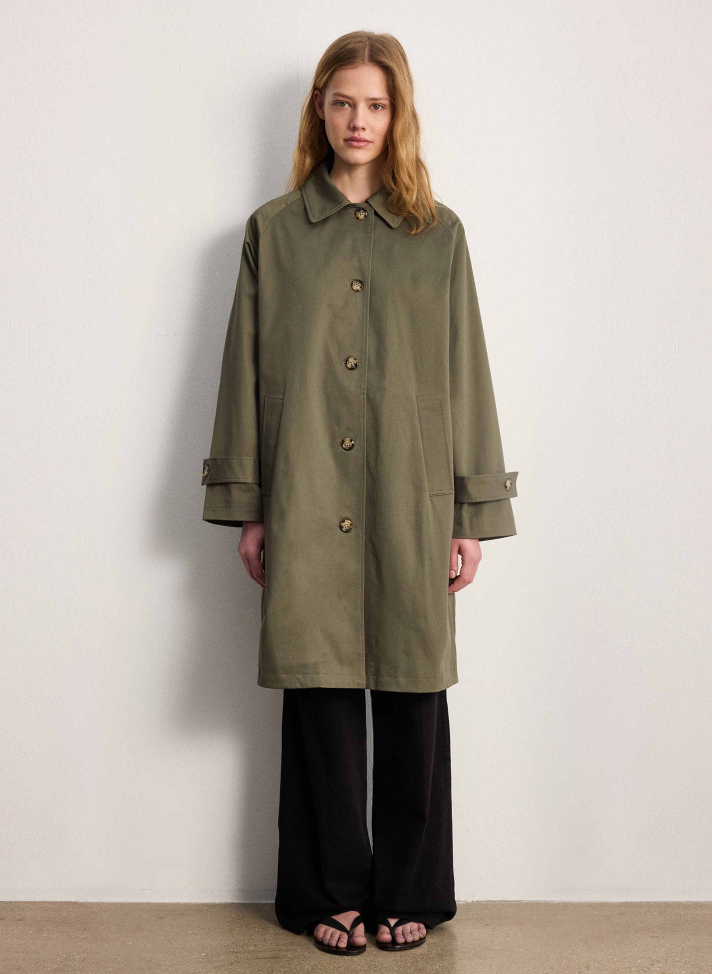 Straight coat with classic collar in blended cotton PABLO Khaki