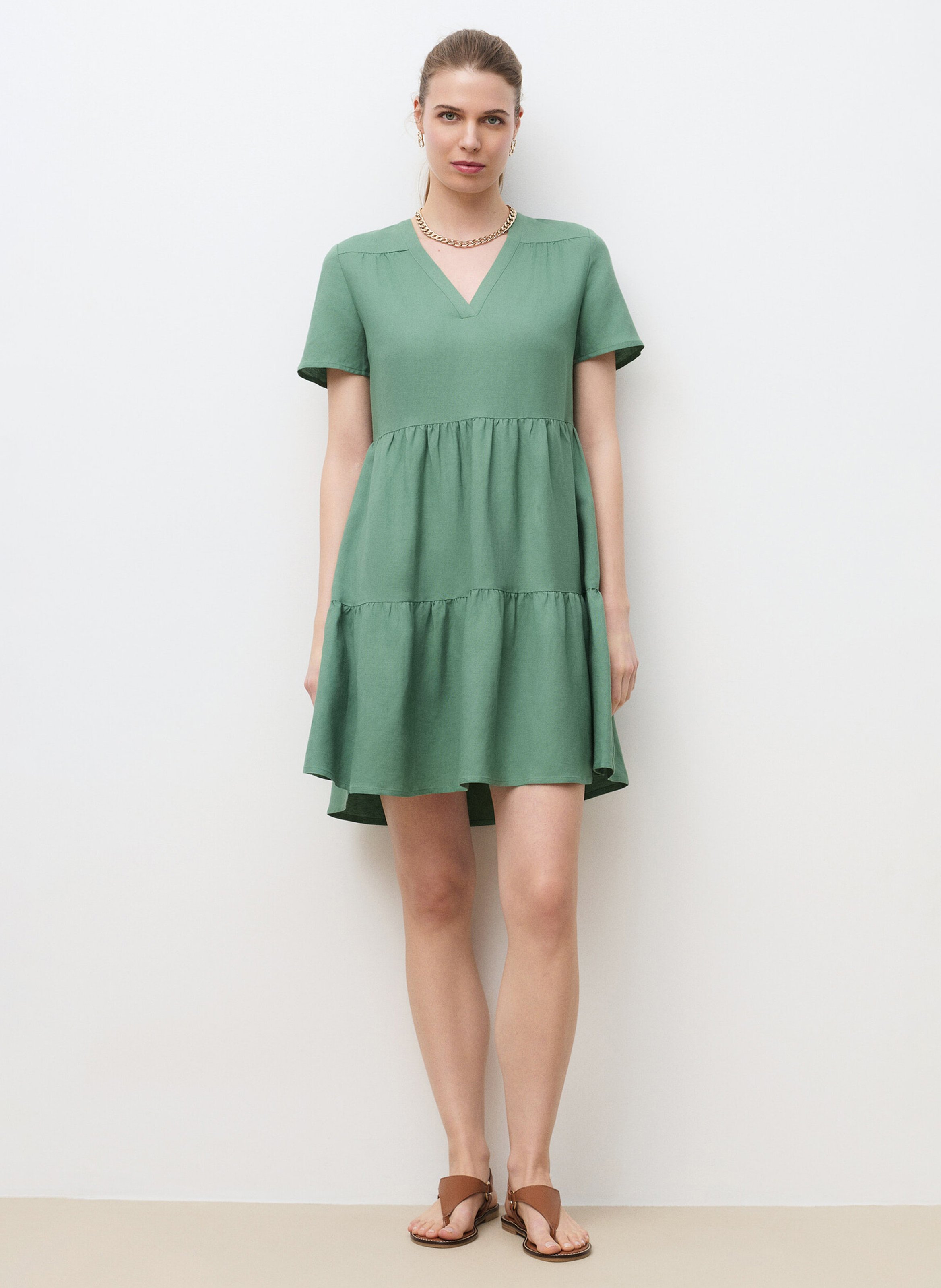 Robe courte col V en lin mélangé CAROLL Vert