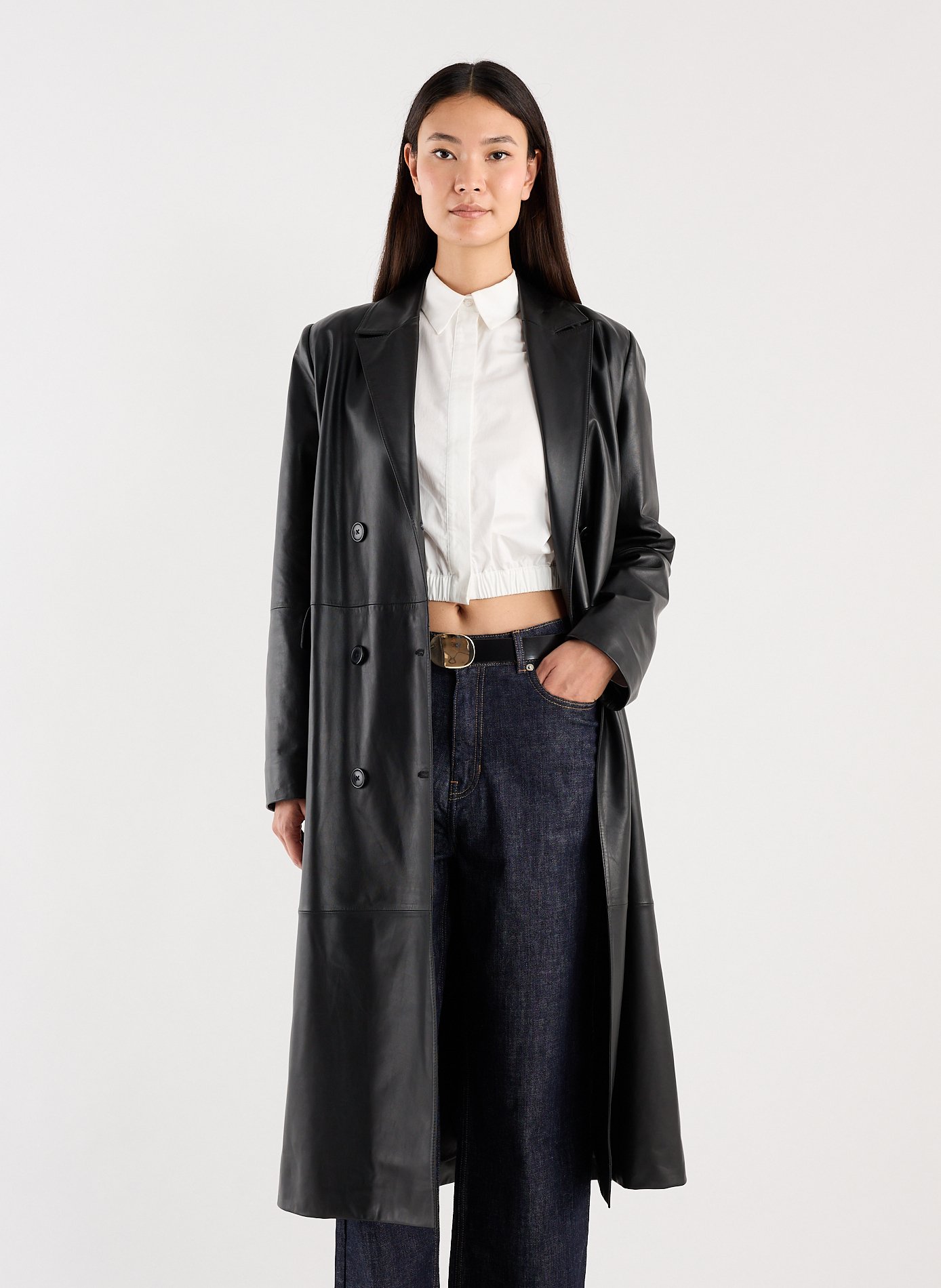 Straight leather coat with tailored collar SAISON 1865 Black